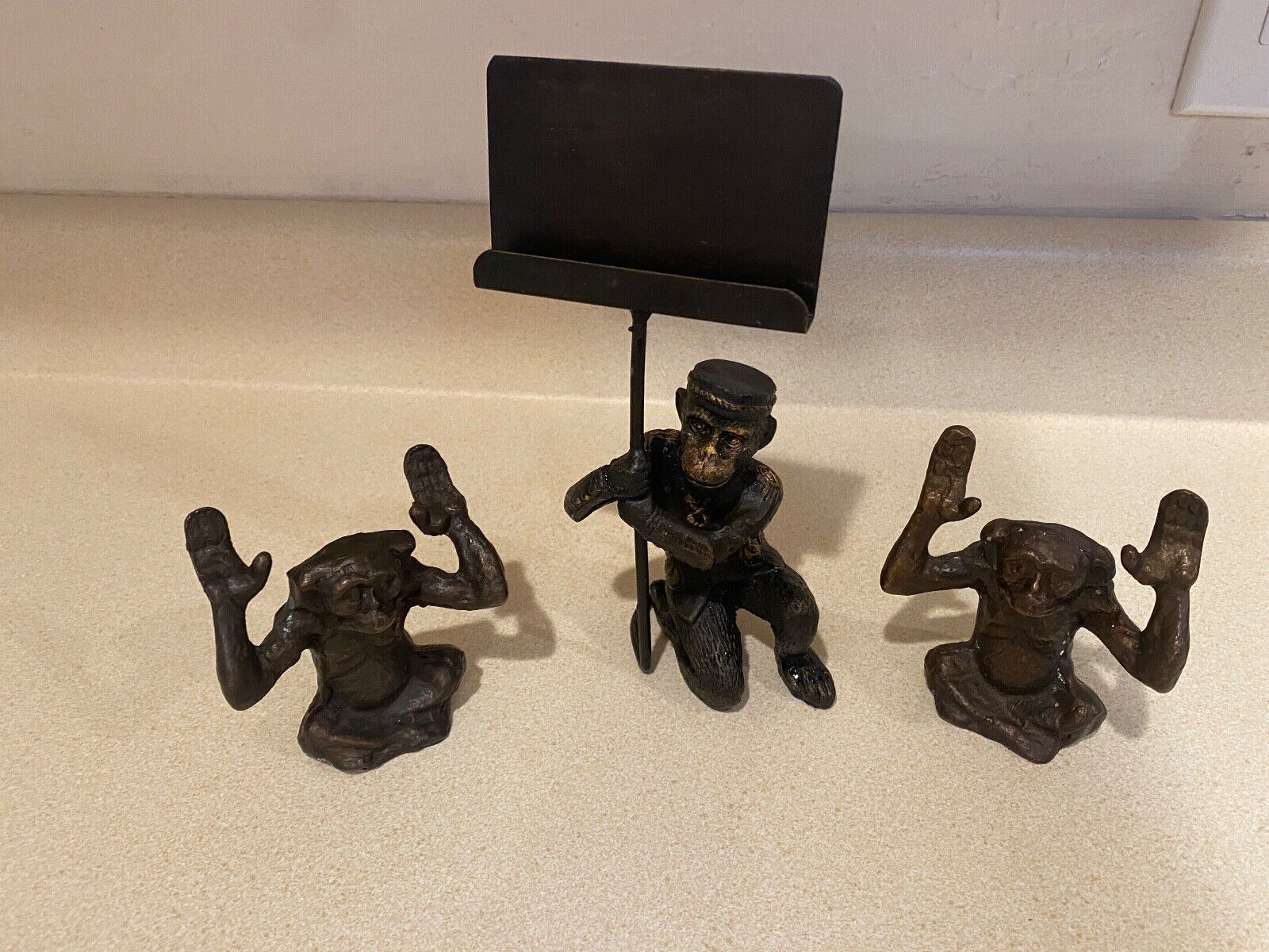 Cast Iron Bell Hop Monkey Business Card Holder Collectible Set of 3 monkey