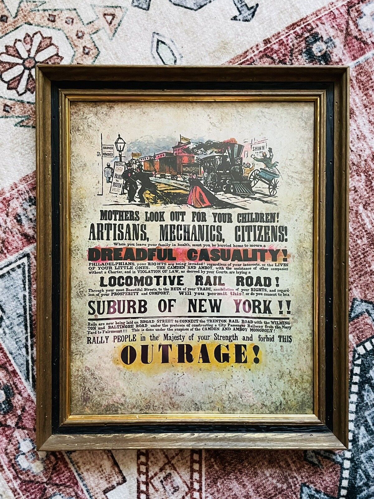Vintage Turner Wall Accessory Framed Poster 1839 Philadelphia Anti Railroad