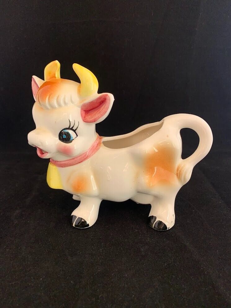 1950s Vintage Kitsch Cow Creamer, Hand Painted, Made in Japan, Yellow Bell