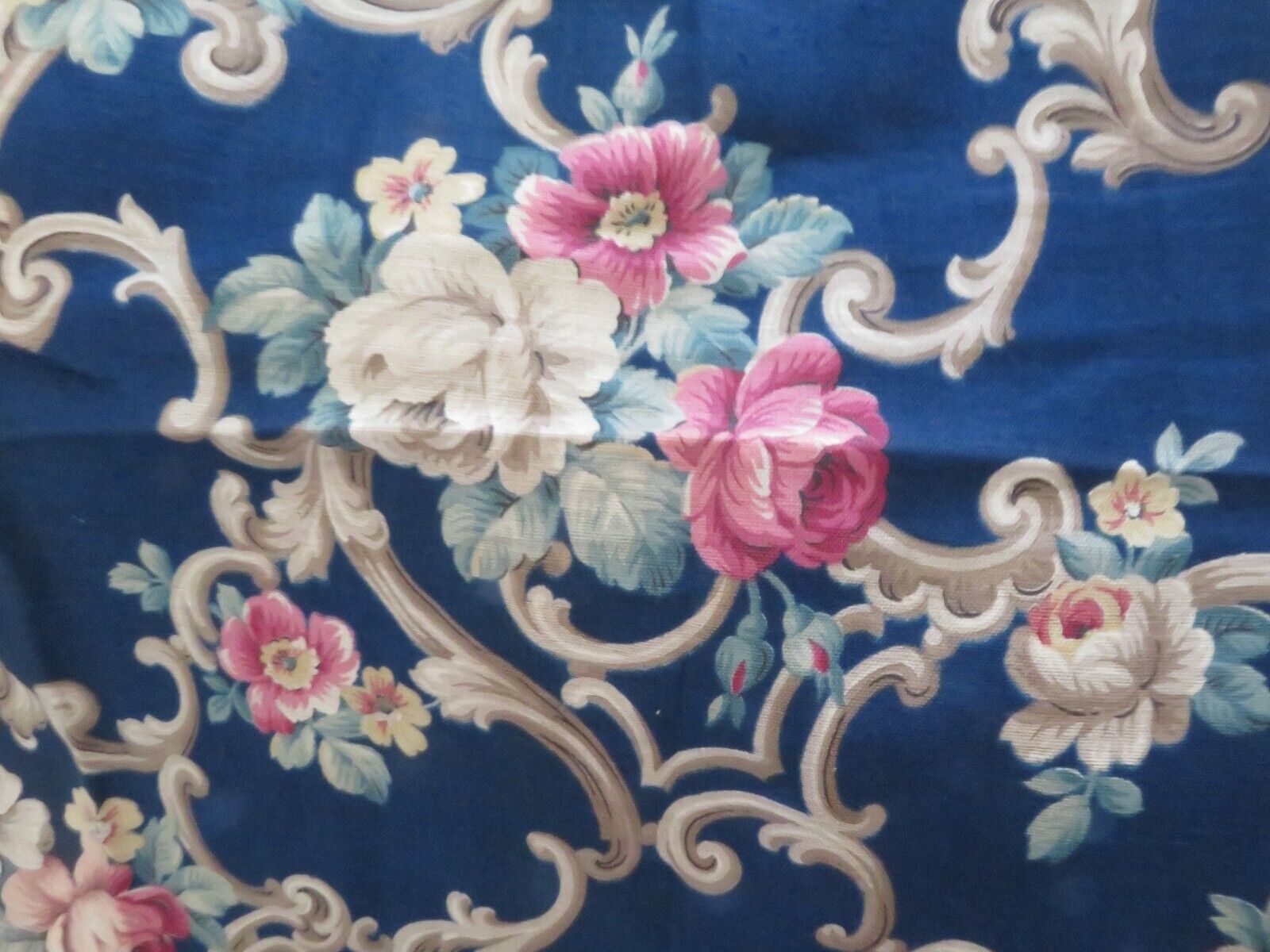 AMAZING Vintage 1940's Cotton Barkcloth Pattern Drapes ROSES & SCROLLS on BLUE