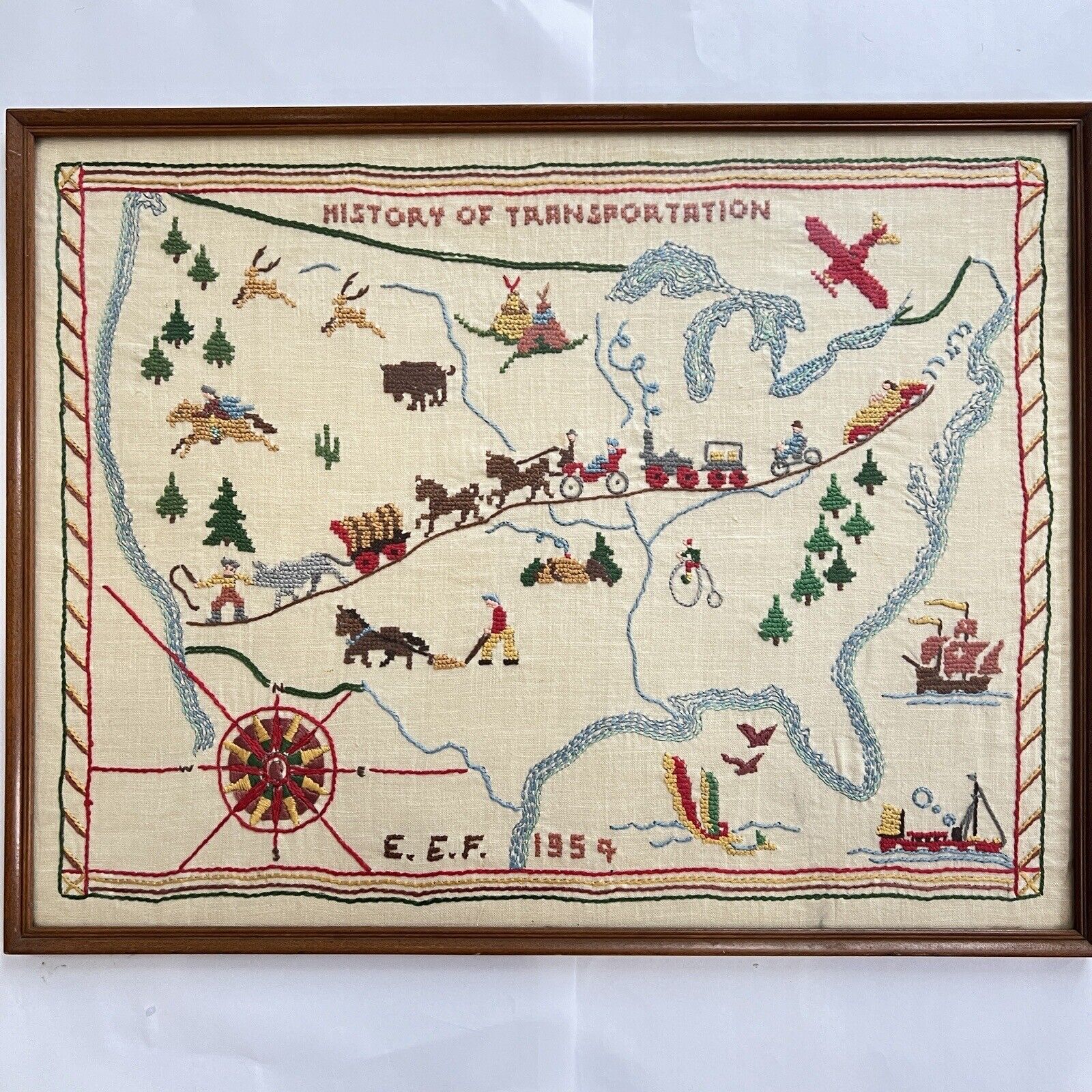 Vintage Embroidery Sampler History of Transportation 1959 Signed Framed