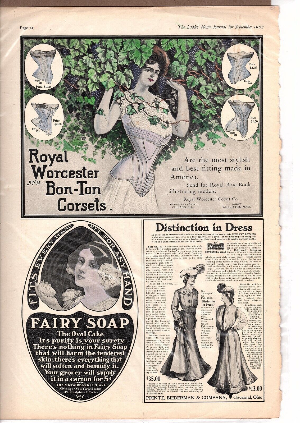 Original 1903  Print Ad page  Royal Worcester Bon Ton Corsets / fairy soap 