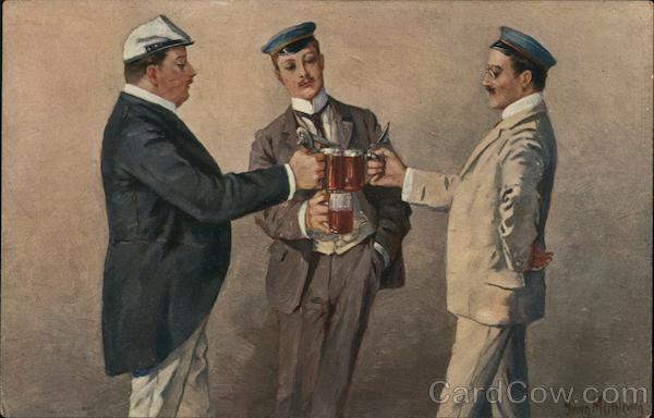 Breweriana Three dashing men,making a toast with their beer steins Postcard