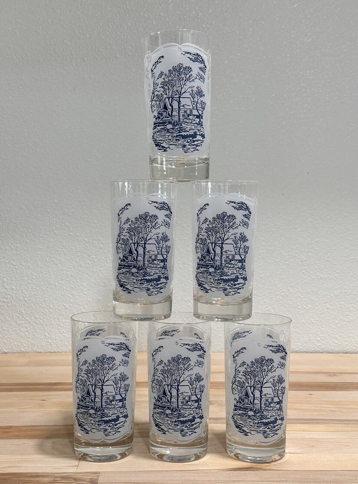 6 VTG Currier and Ives Drinking Glasses 12 oz Old Grist Mill White & Blue 5 5/8\