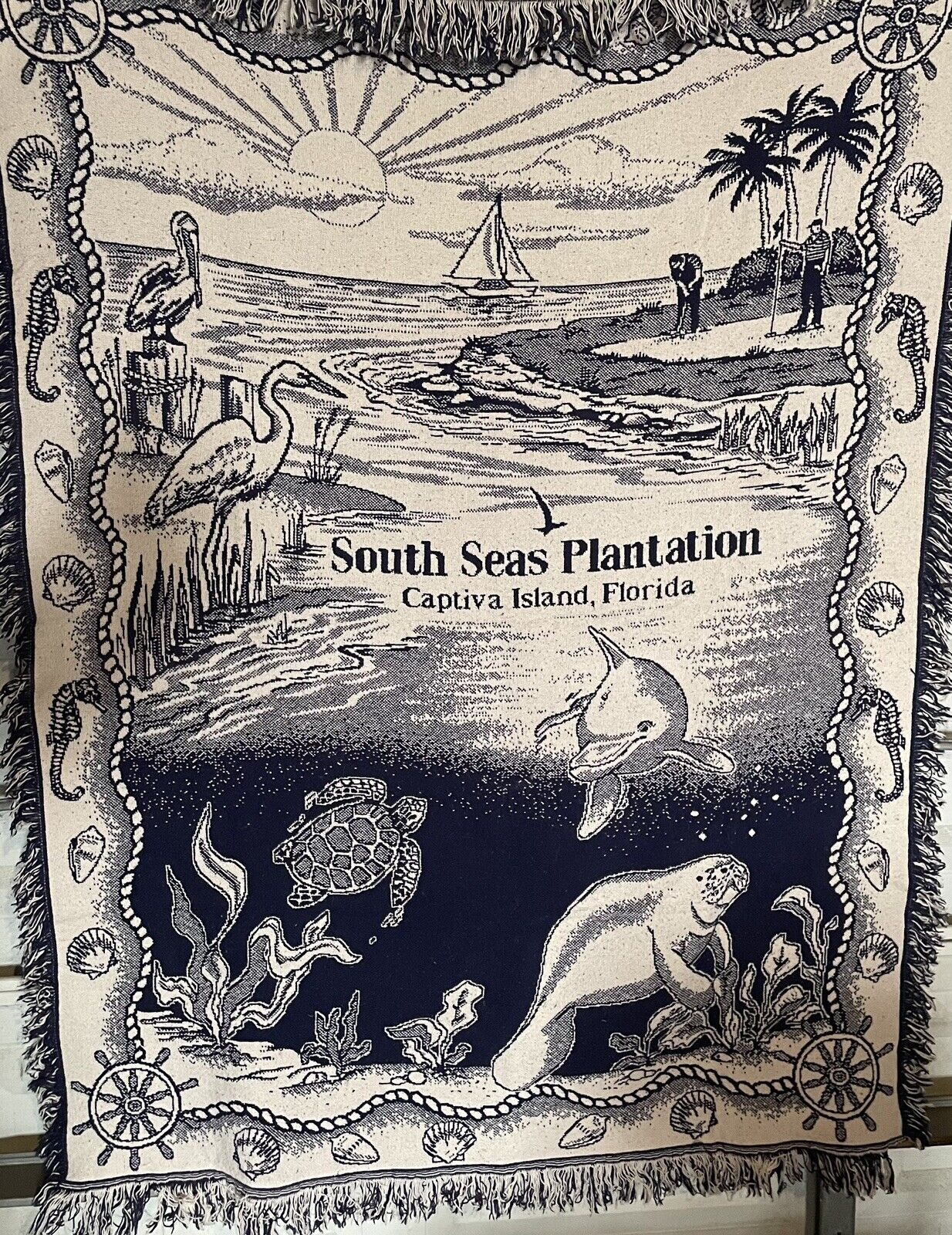 South Seas Plantation Captiva Rare Fringed Woven Fabric Blanket Throw - 44”x 60”