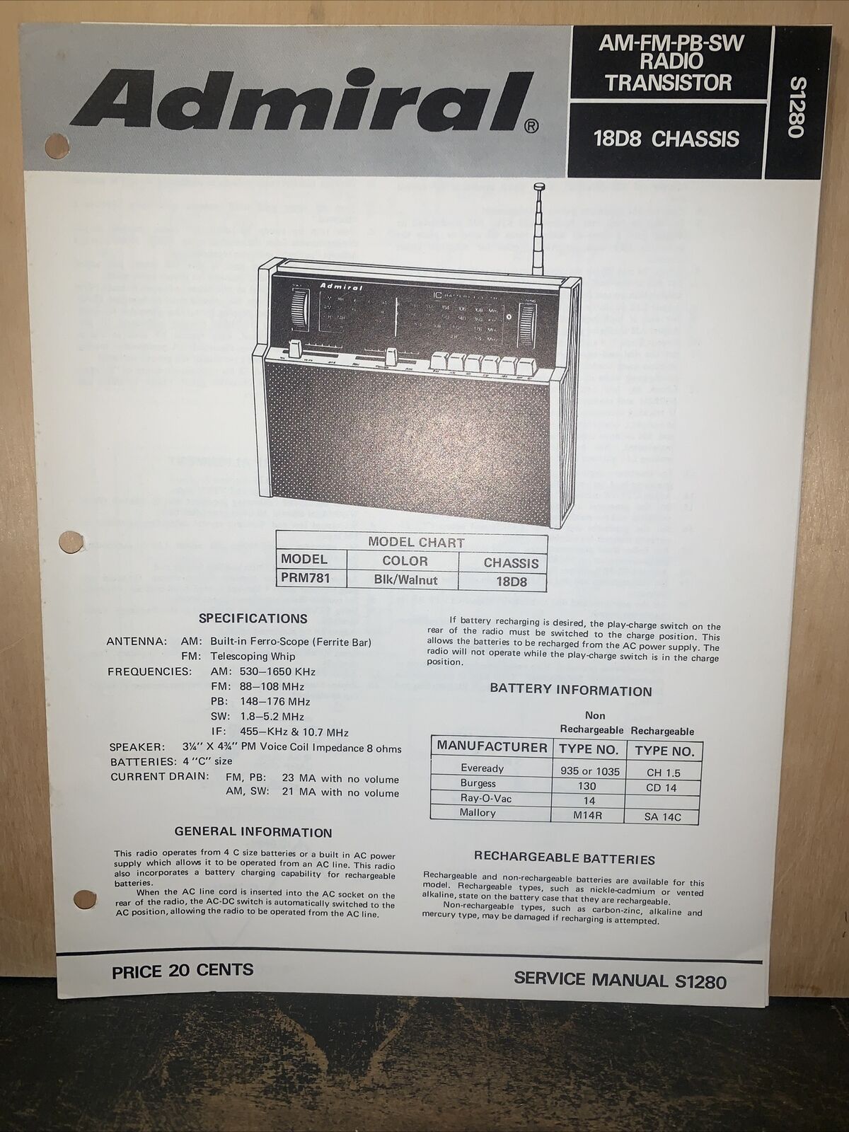 Admiral FM AM SW Radio -Service Manual- Model PRM781 Schematics, Parts List.