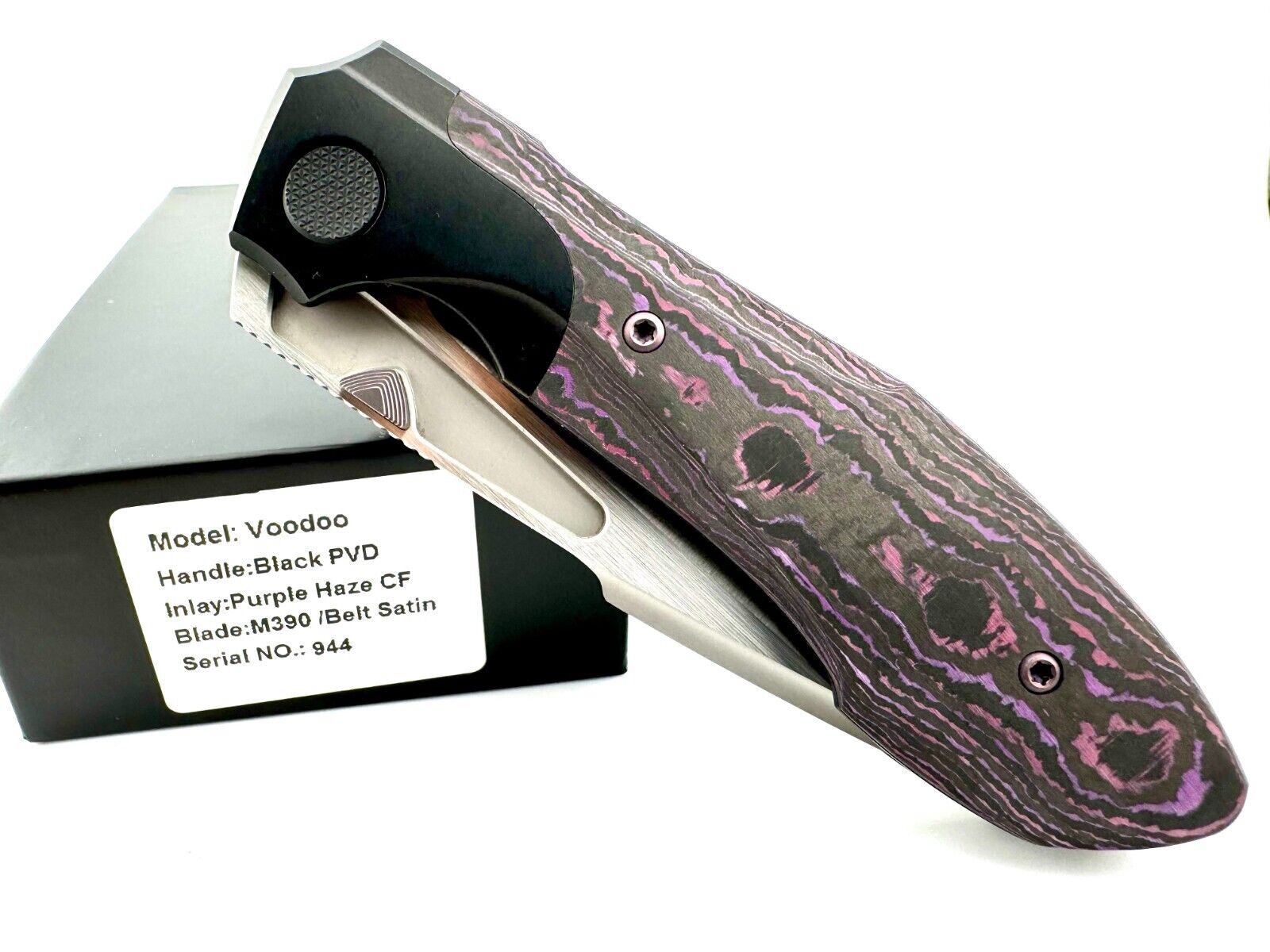 Null Knives Voodoo - Purple Haze Camo CF/Purple Hardware/M390/Belt Satin/ #944