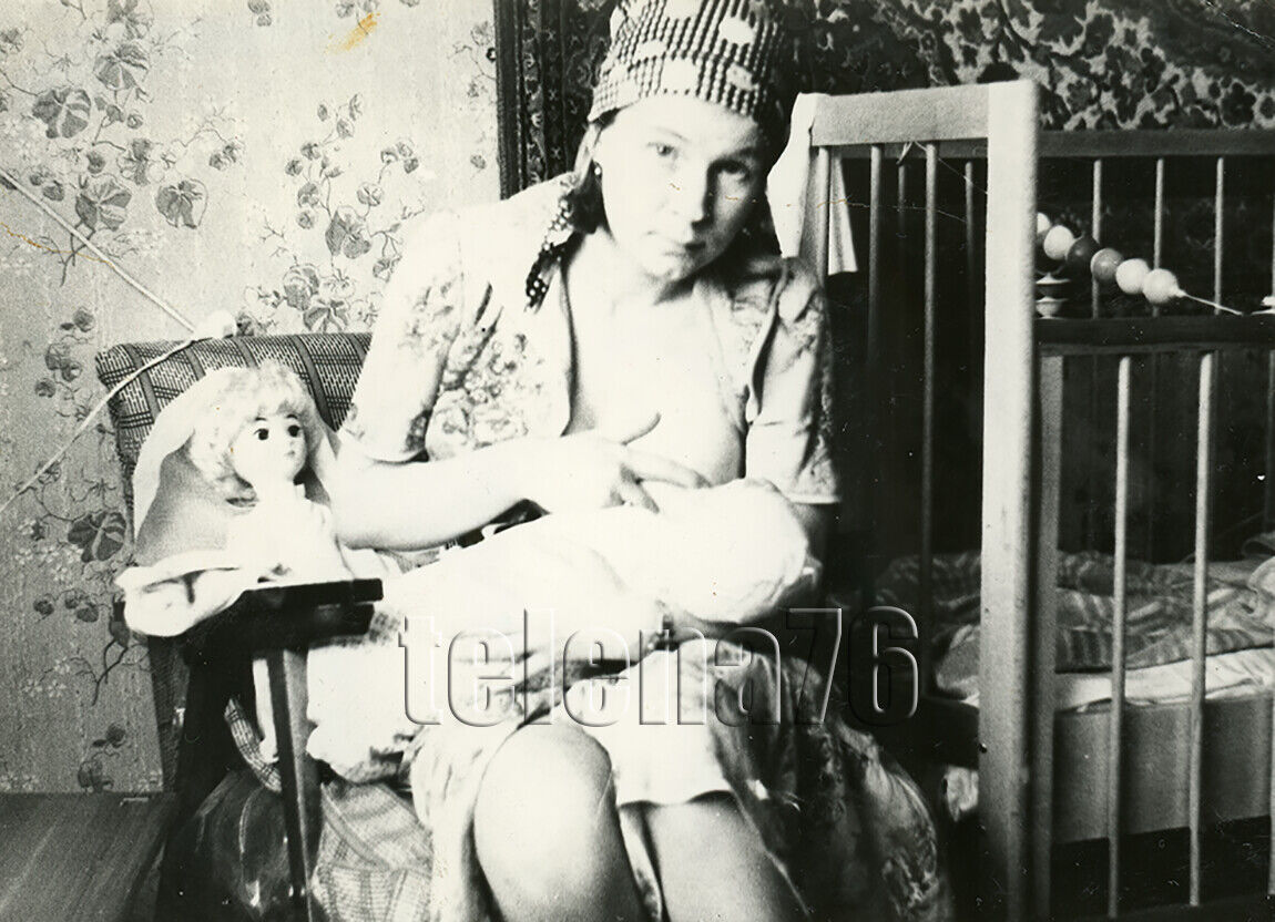 1970s Soviet Young Woman big Breast Mom breastfeeding baby Doll Russia photo 