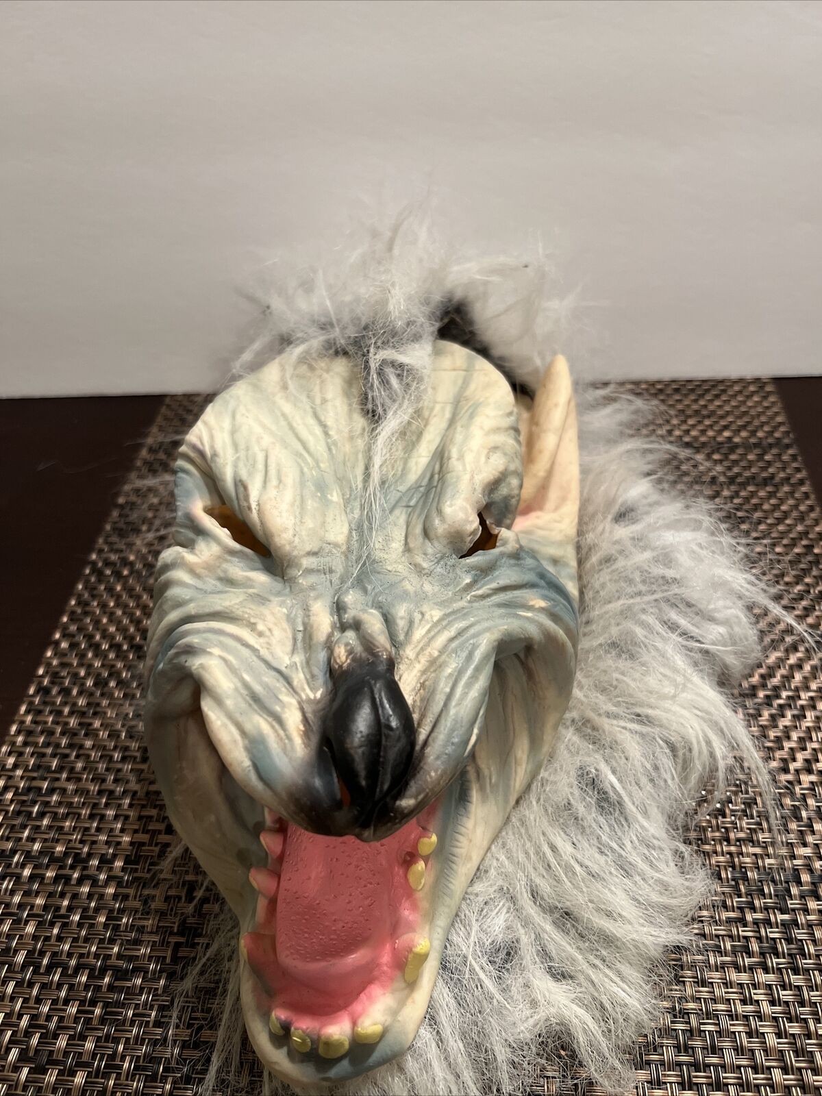 Vintage Adult Sized Full Head Rubber Werewolf Halloween Mask w/ white hair teeth
