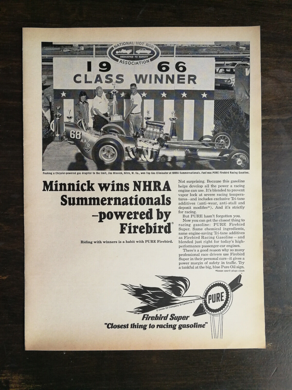 Vintage 1966 Pure Firebird Racing Gasoline Jim Minnick Full Page Ad - 1022