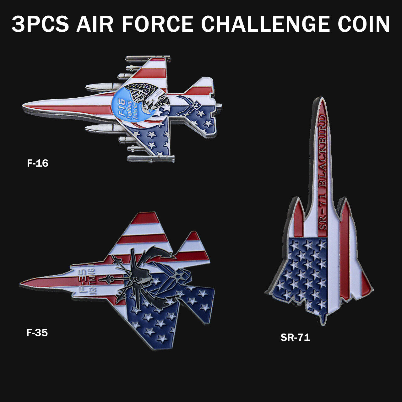 3 X US Air Force F-16 F-35 SR-71 Commemorative Challenge Coin Collection Gift
