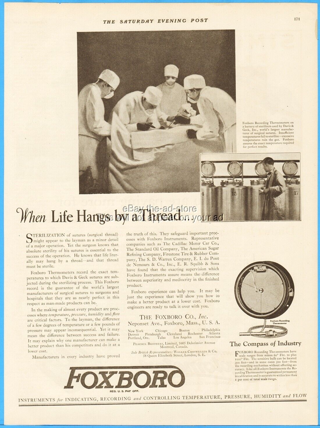 1927 Foxboro Co MA Print Ad Recording Thermometers Davis & Geck Sutures