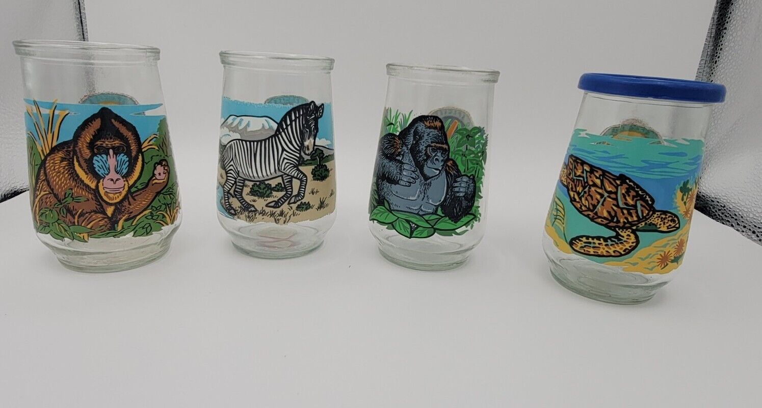 Lot Of 4 Vintage Welch\'s Endangered Species Glass Jam Jelly Jars Glasses WWF 