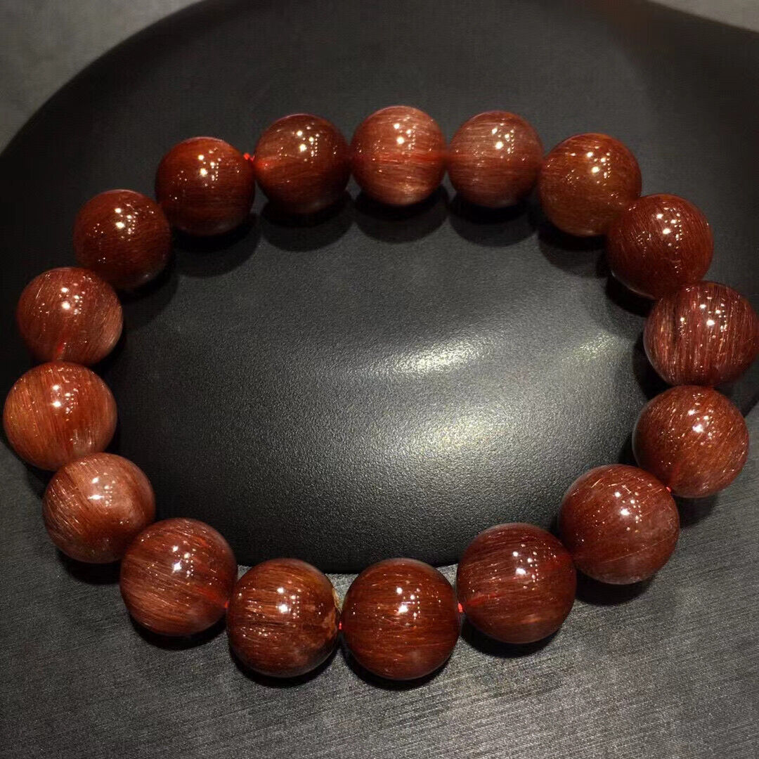 11.5mm Natural Red Hair Rutilated Quartz Crystal Round Beads Bracelet AAA