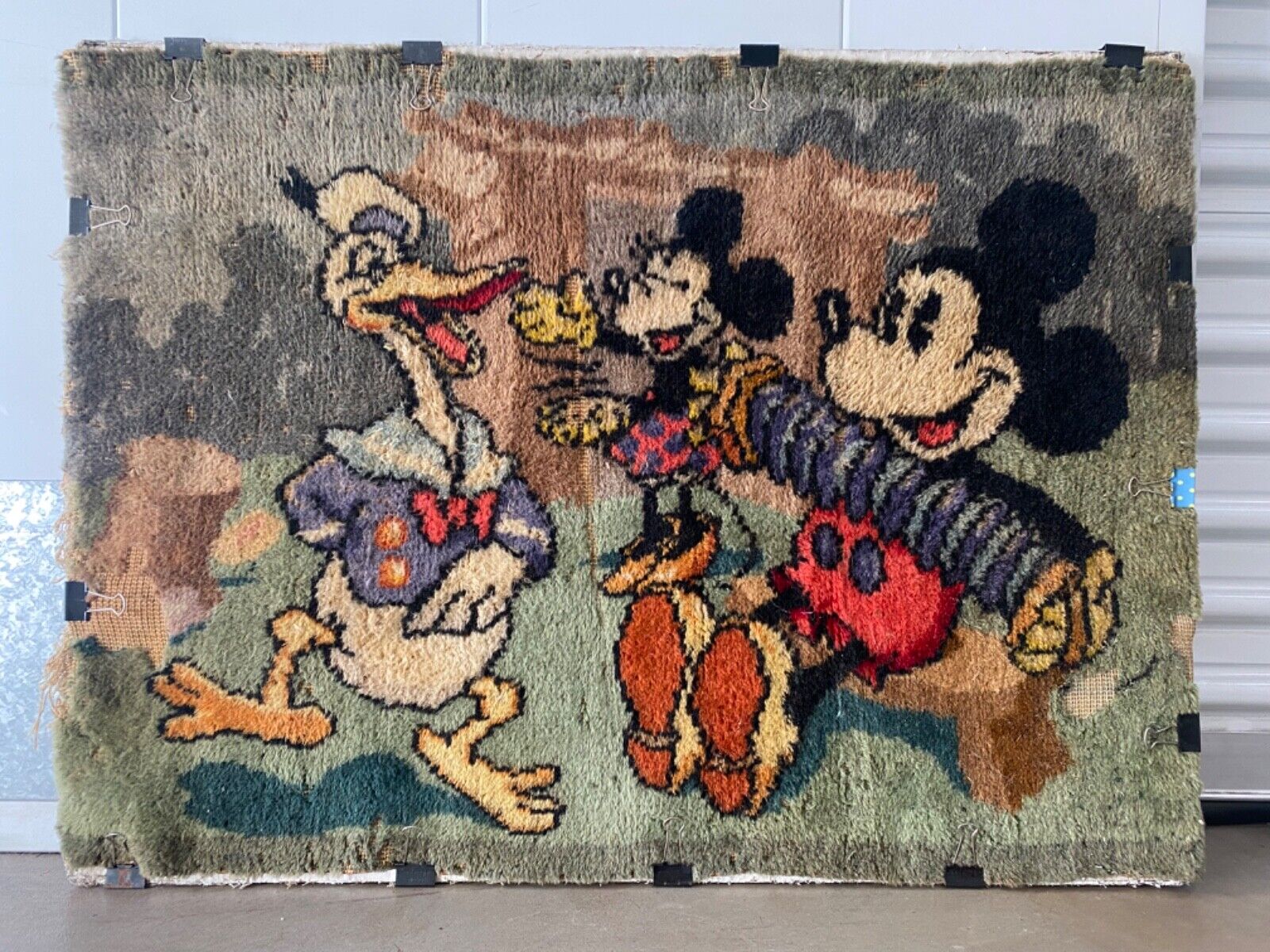 🔥 RARE Antique 1930's Old Disney Mickey Mouse Donald Duck Tapestry Rug - WOW