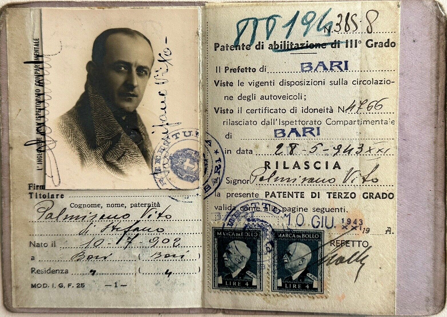 WW2 1943 Vintage TRAVEL PERMIT CARD Photo Identity Passport BARI, ITALY MALE