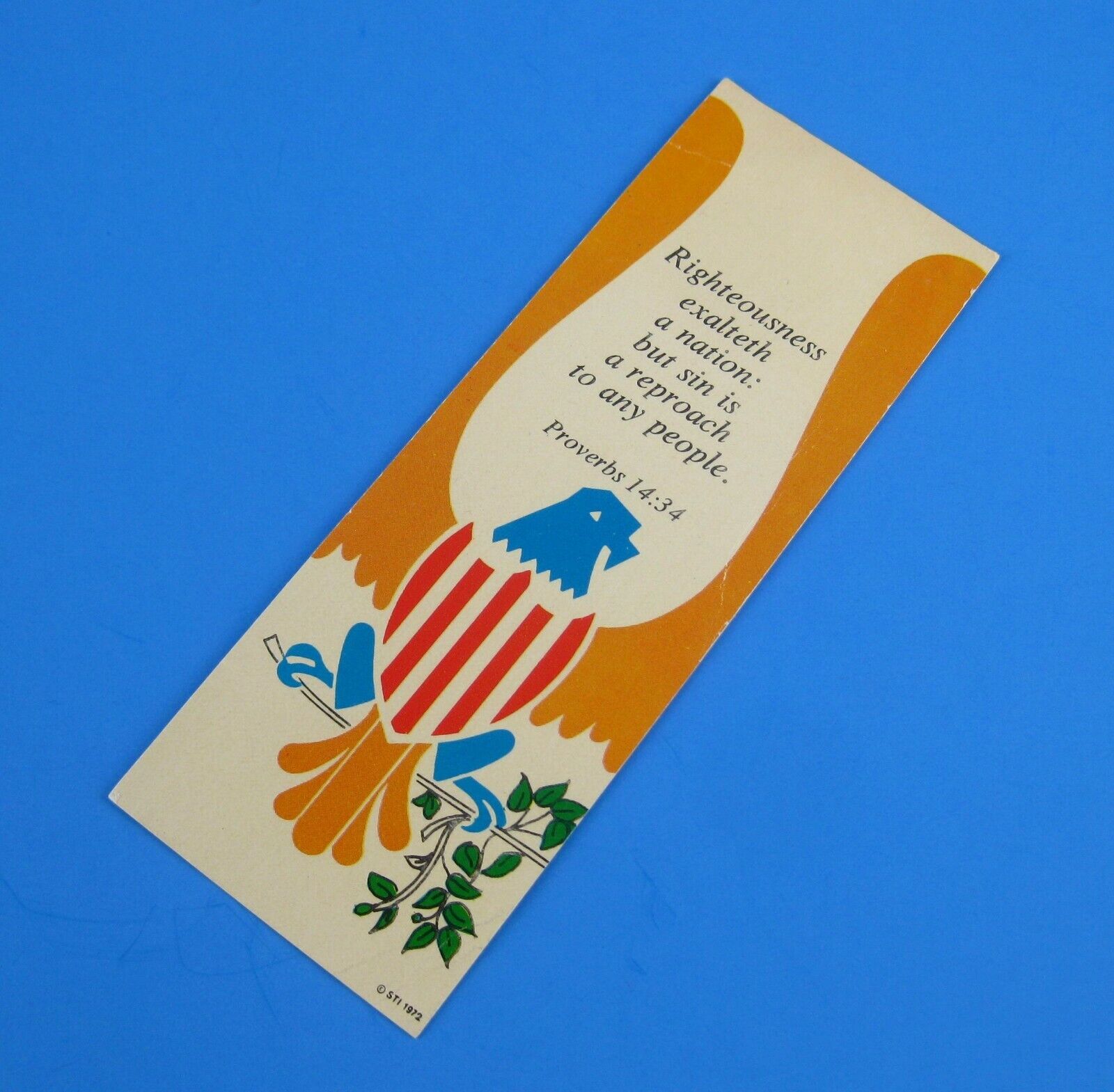 Vtg Bookmark 1972 American Tract Society Eagle Flag Proverbs 14:34 Bible Verse