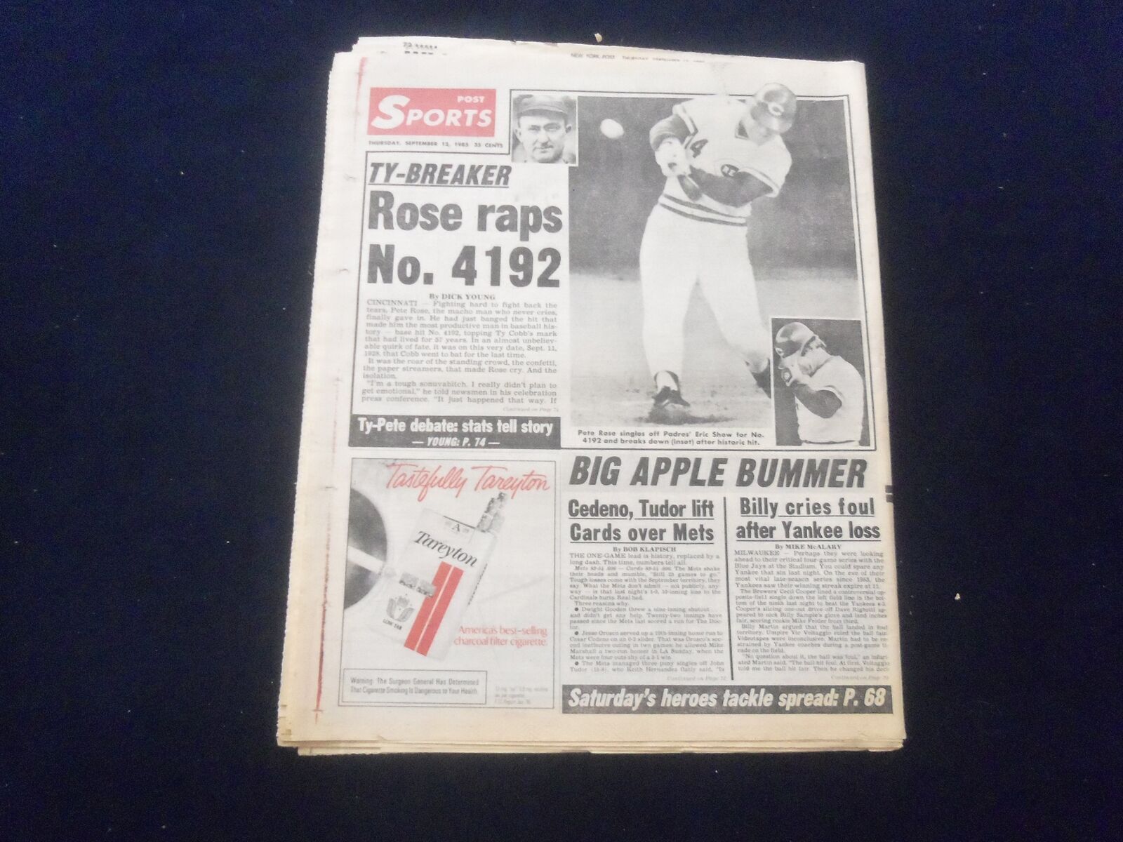 1985 SEP 12 NEW YORK POST NEWSPAPER - PETE ROSE GETS RECORD HIT #4192 - NP 6068
