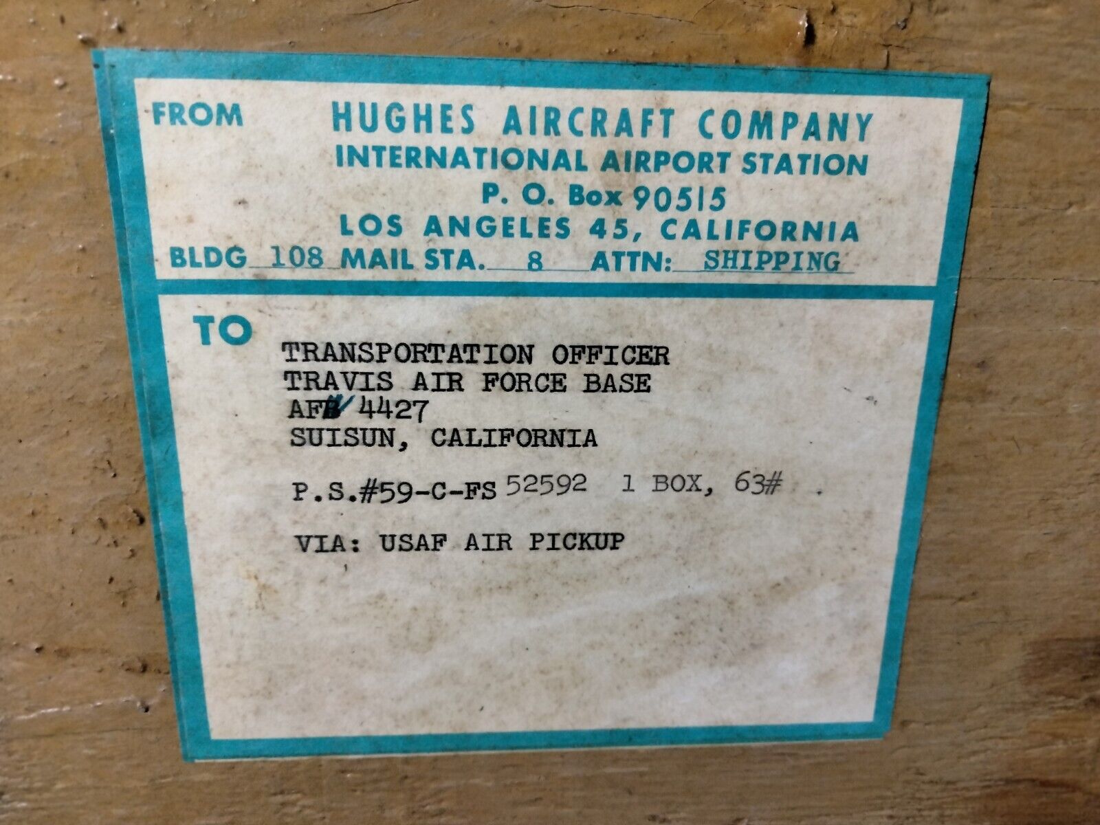 Hughes Aircraft, 1959 Memorabilia, Wood Transport Box,Air Force, LA.. FRAGILE