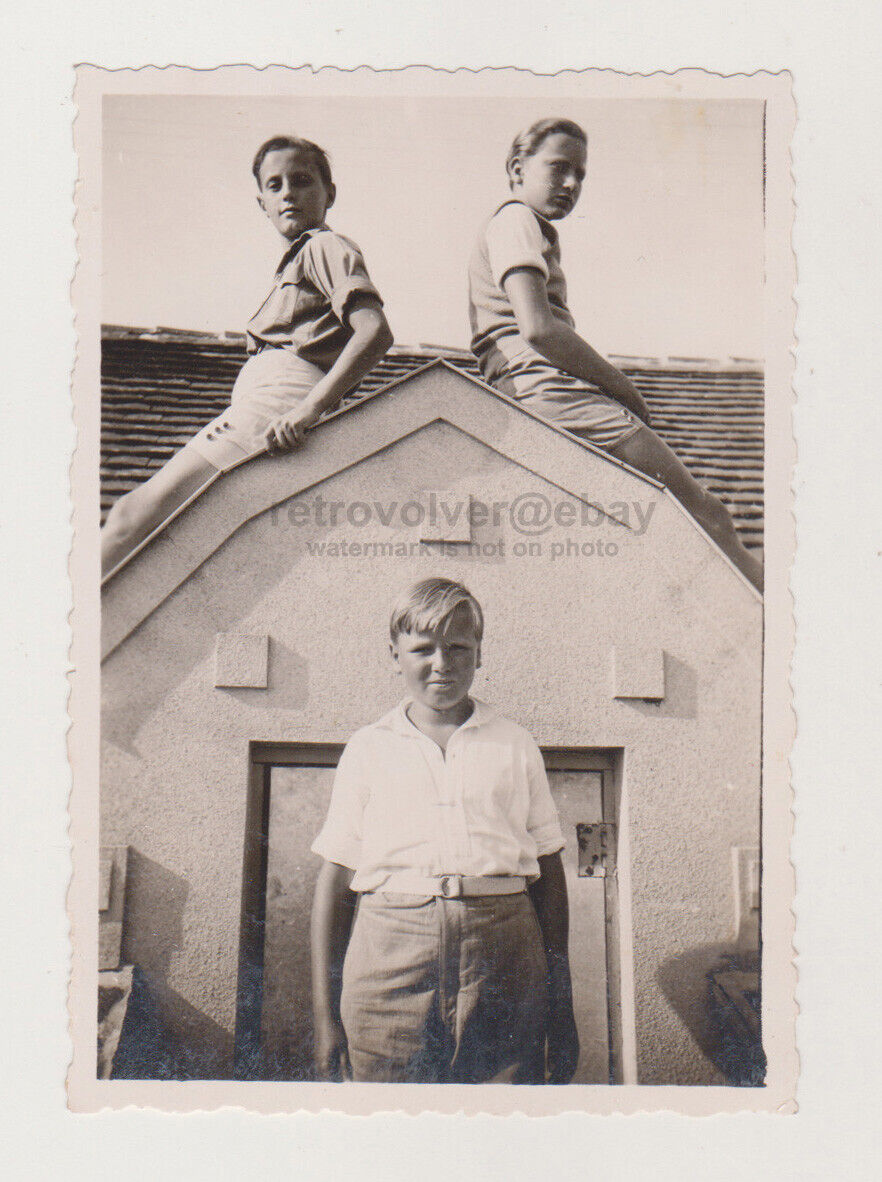 Three Cute Young Men School Boys 2 on Roof 1 Down Blond Hair Unusual Photo