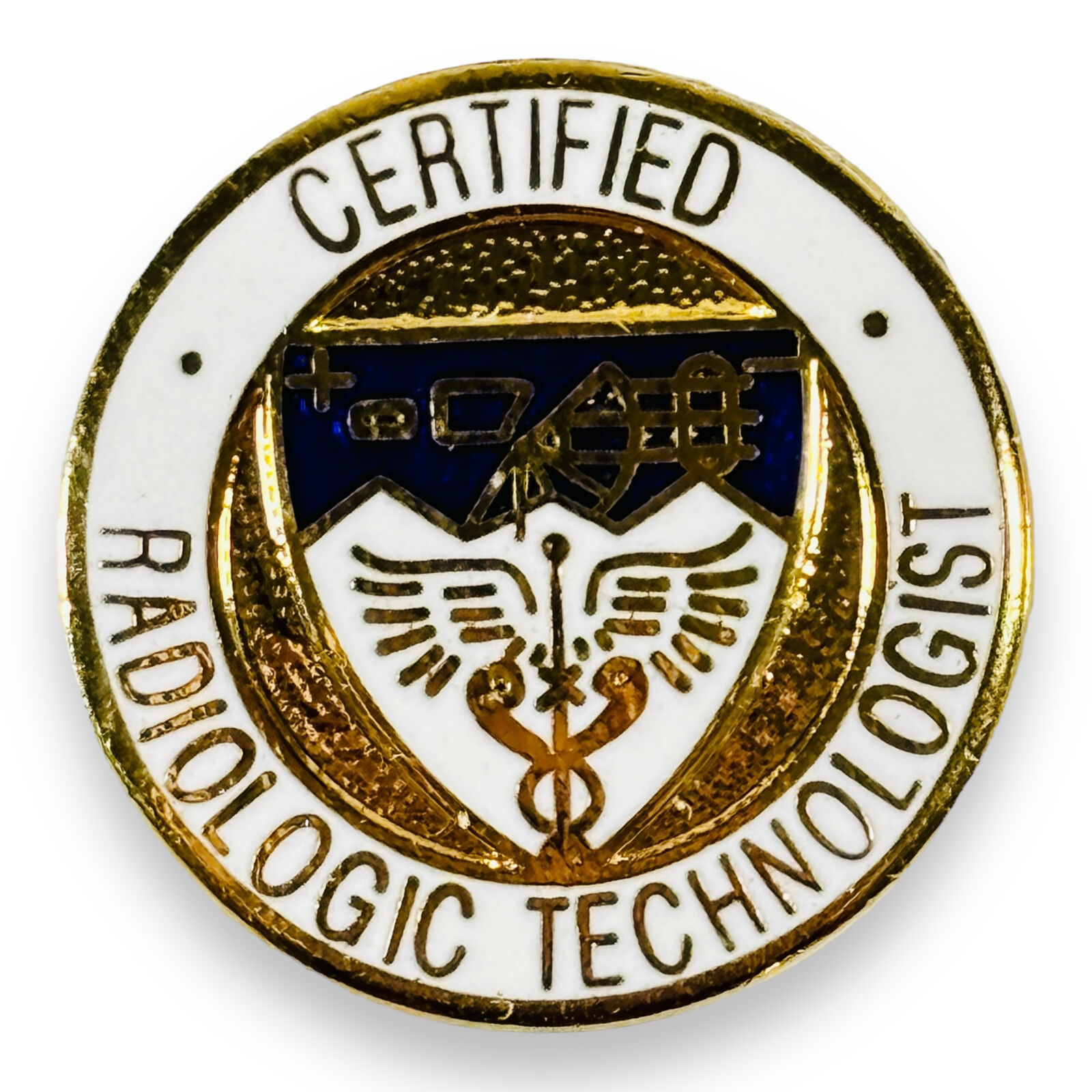 1977 Certified Radiologic Technologist Enamel and Gold-Tone Medical Caduceus Pin