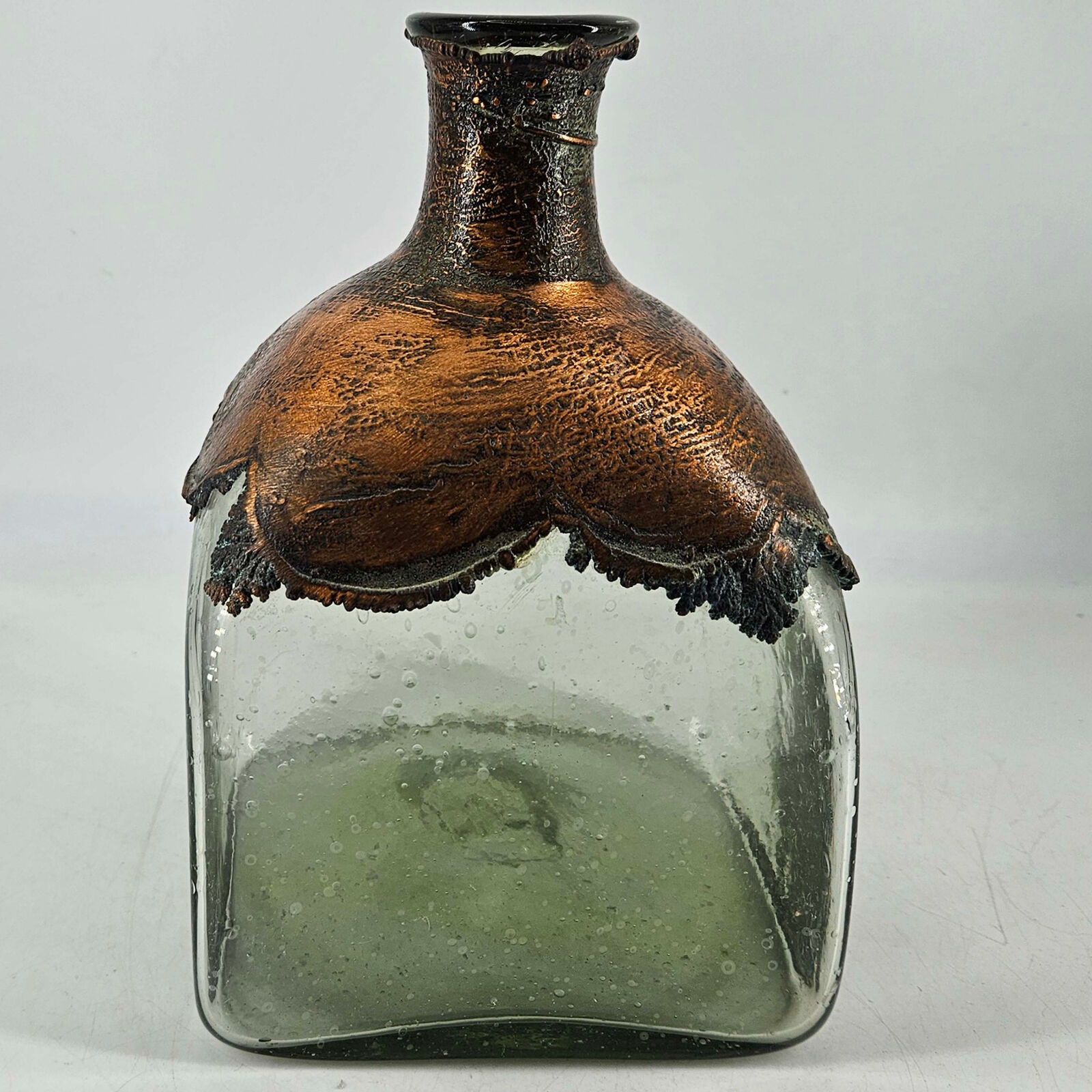 Studio art Hand blown glass bottle w applied copper detail Unique