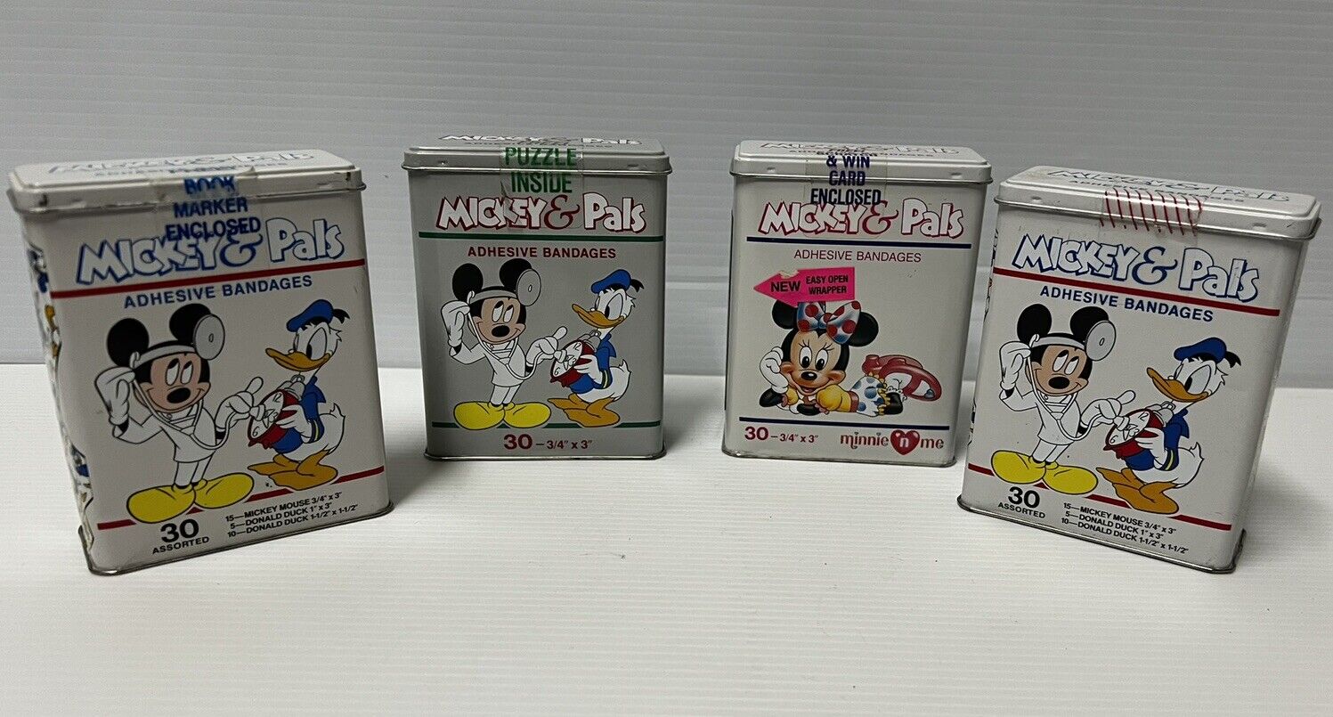 VINTAGE MICKEY MOUSE DISNEY ADHESIVE BANDAGES TIN WITH 30 BANDAGES Lot of 4 NEW