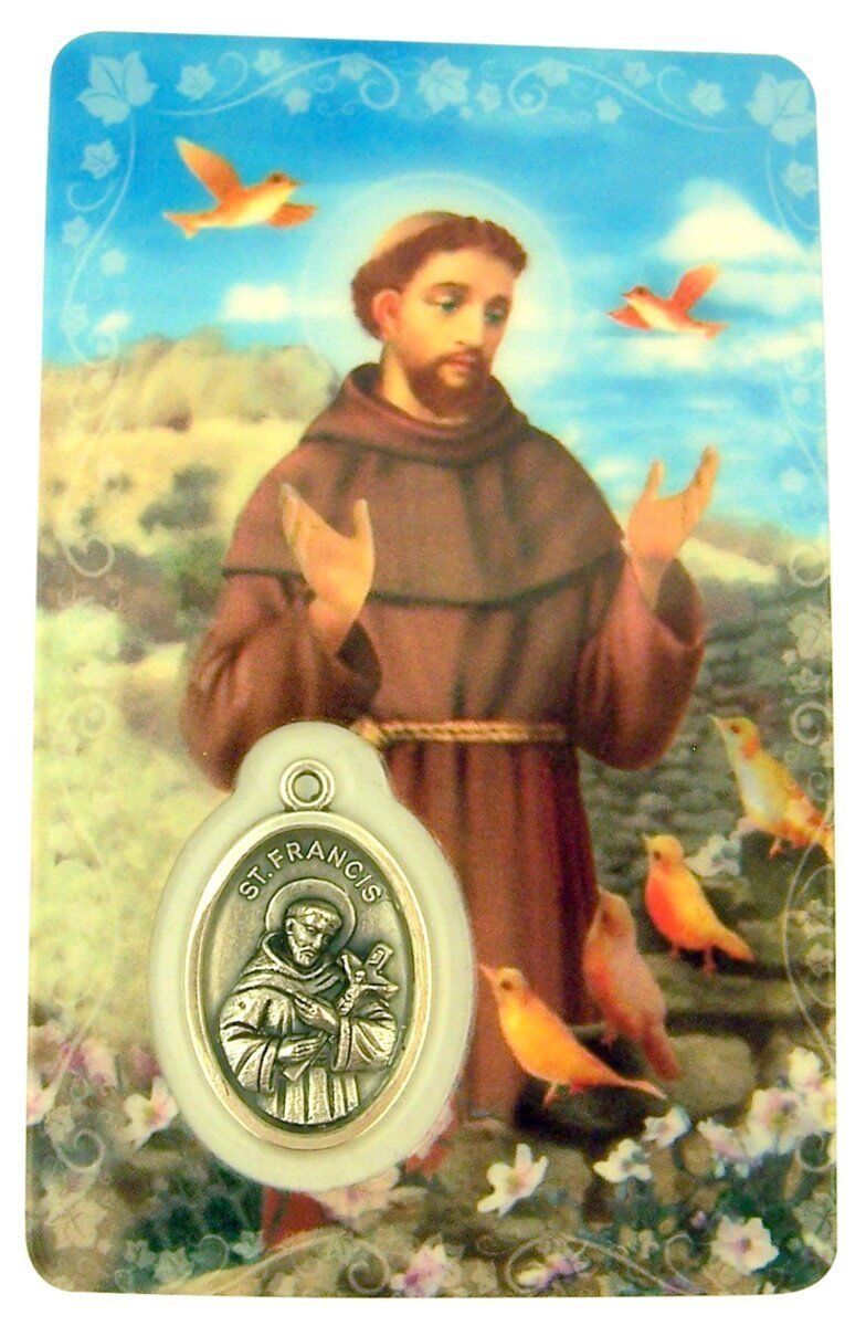 Laminated Saint Francis of Assisi Holy Prayer Card with Medal, 3 1/4 Inch