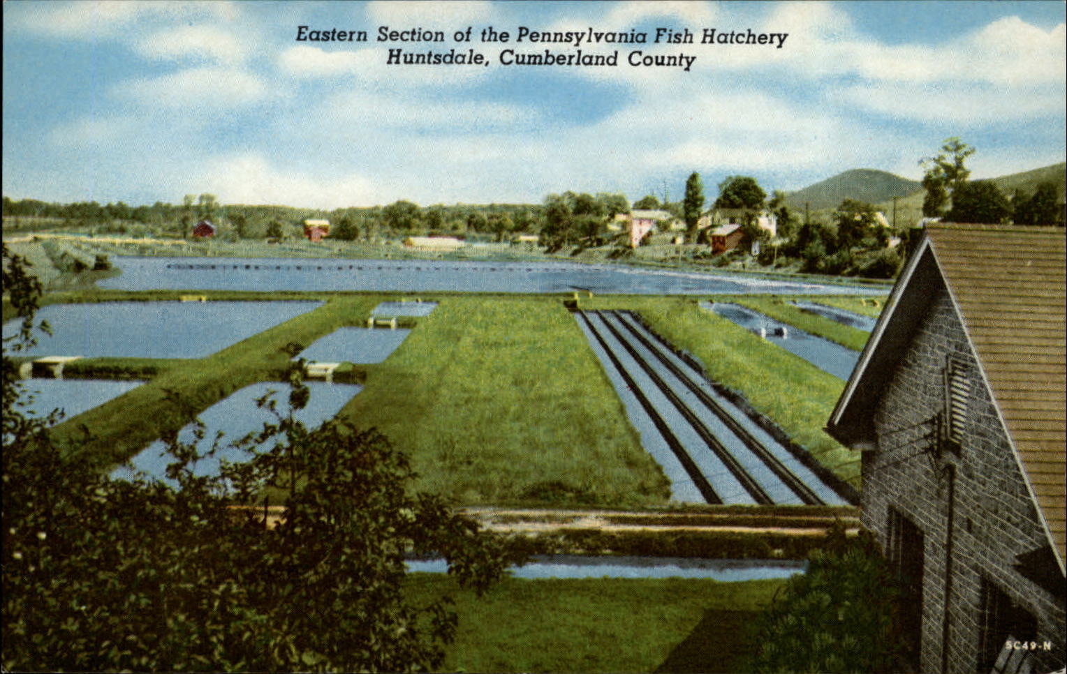 Huntsdale Pennsylvania Fish Hatchery aerial view ~ 1950s-60s vintage postcard