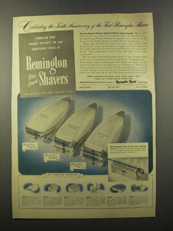 1947 Remington Blue Streak Shavers Ad - Triple, Five