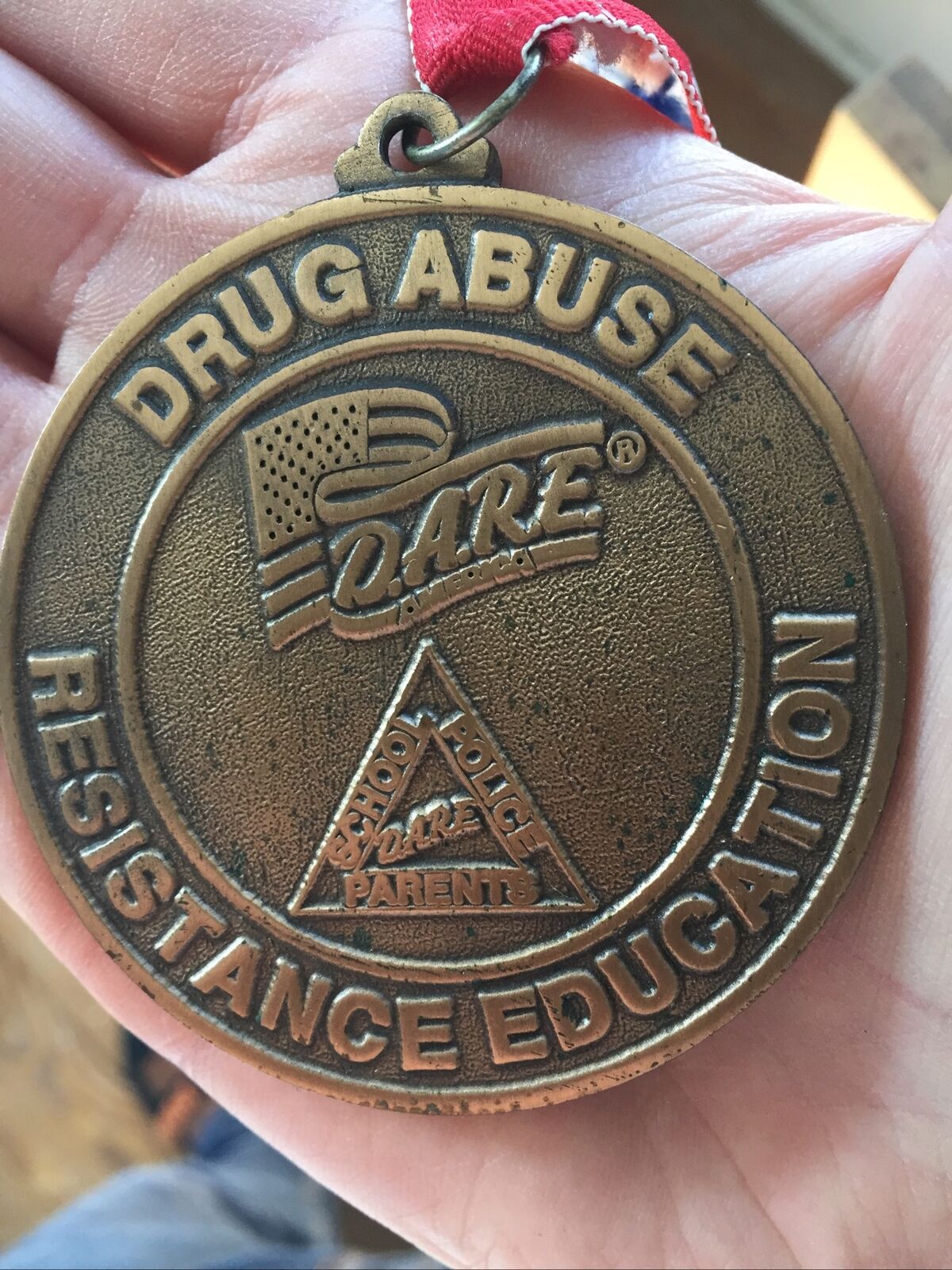 Gold Plated D.A.R.E. Drug Abuse Resistance Education Medal Red, White & Blue