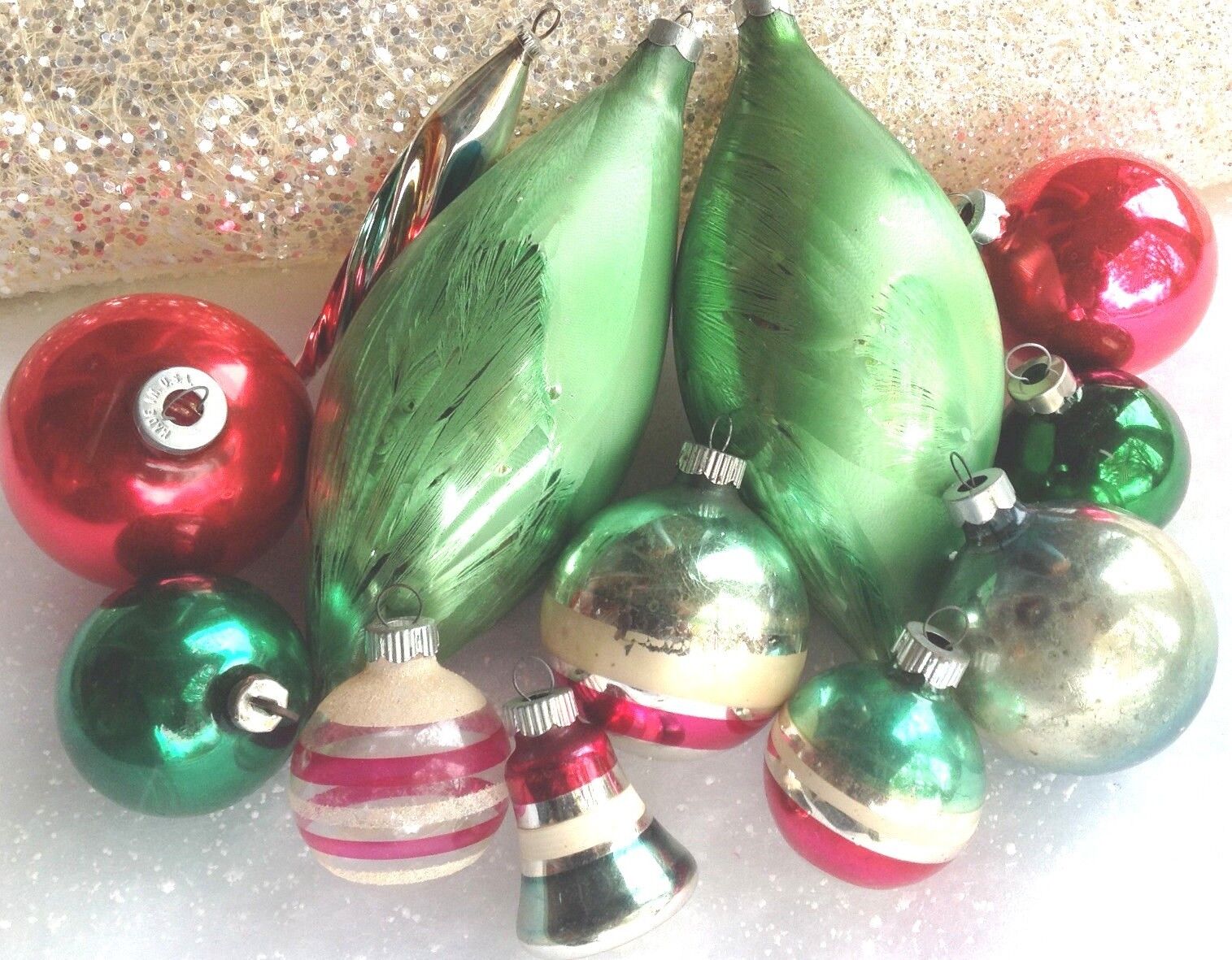  Twelve Red Green Vintage Christmas Ornaments Shiny Brite/Mica/Indented/Poland