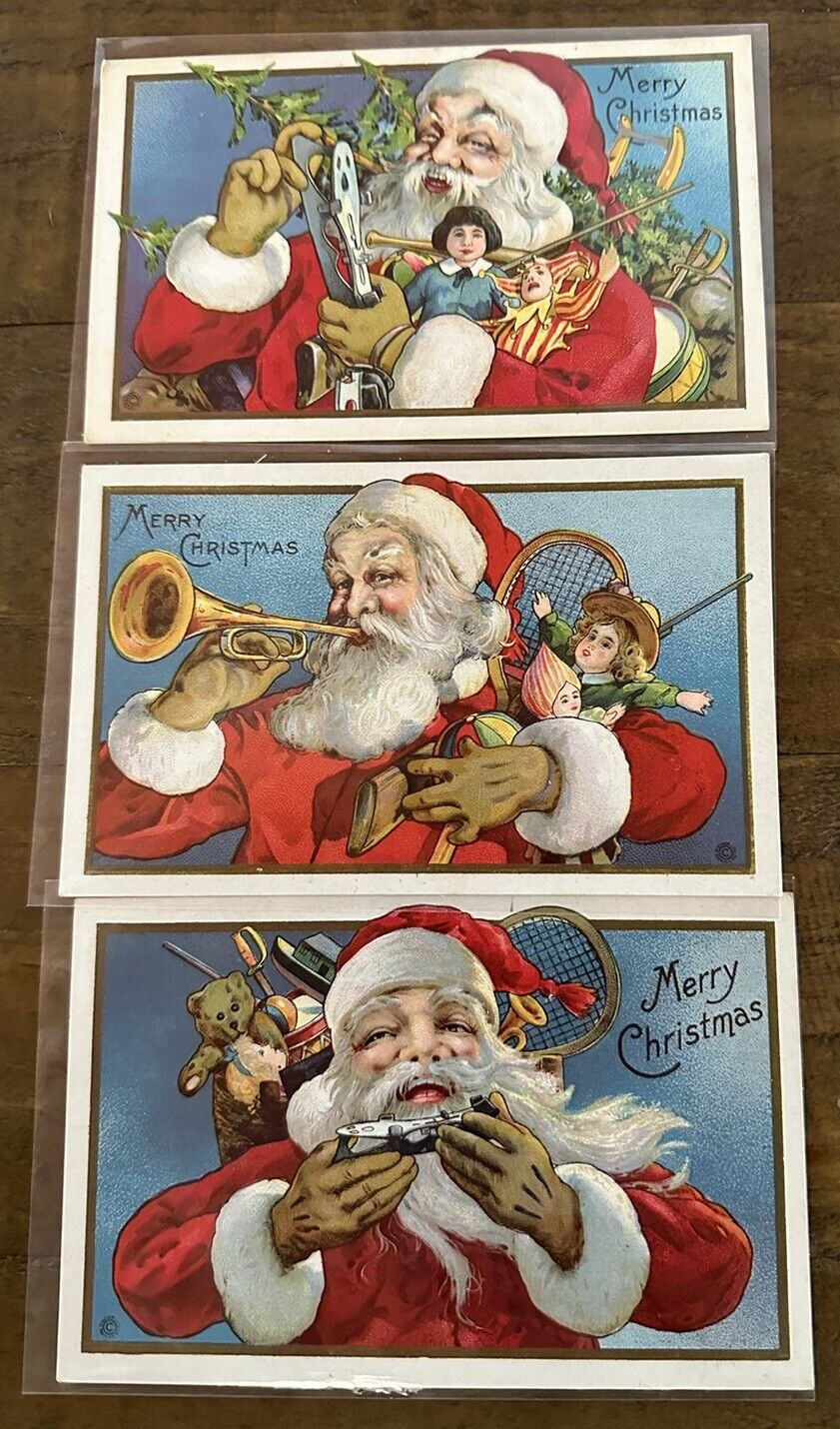 Lot of 3~SANTA CLAUS~with Toys~Skates~Horn~Dolls~c.1910 Christmas Postcards~h642