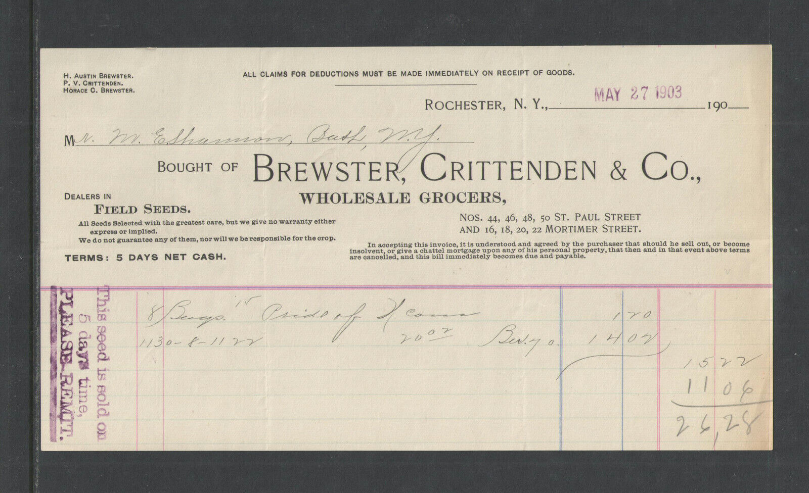 1903 BREWSTER CRITTENDEN &CO { WHOLESALE GROCERS } ROCHESTER NY ANTIQUE BILLHEAD