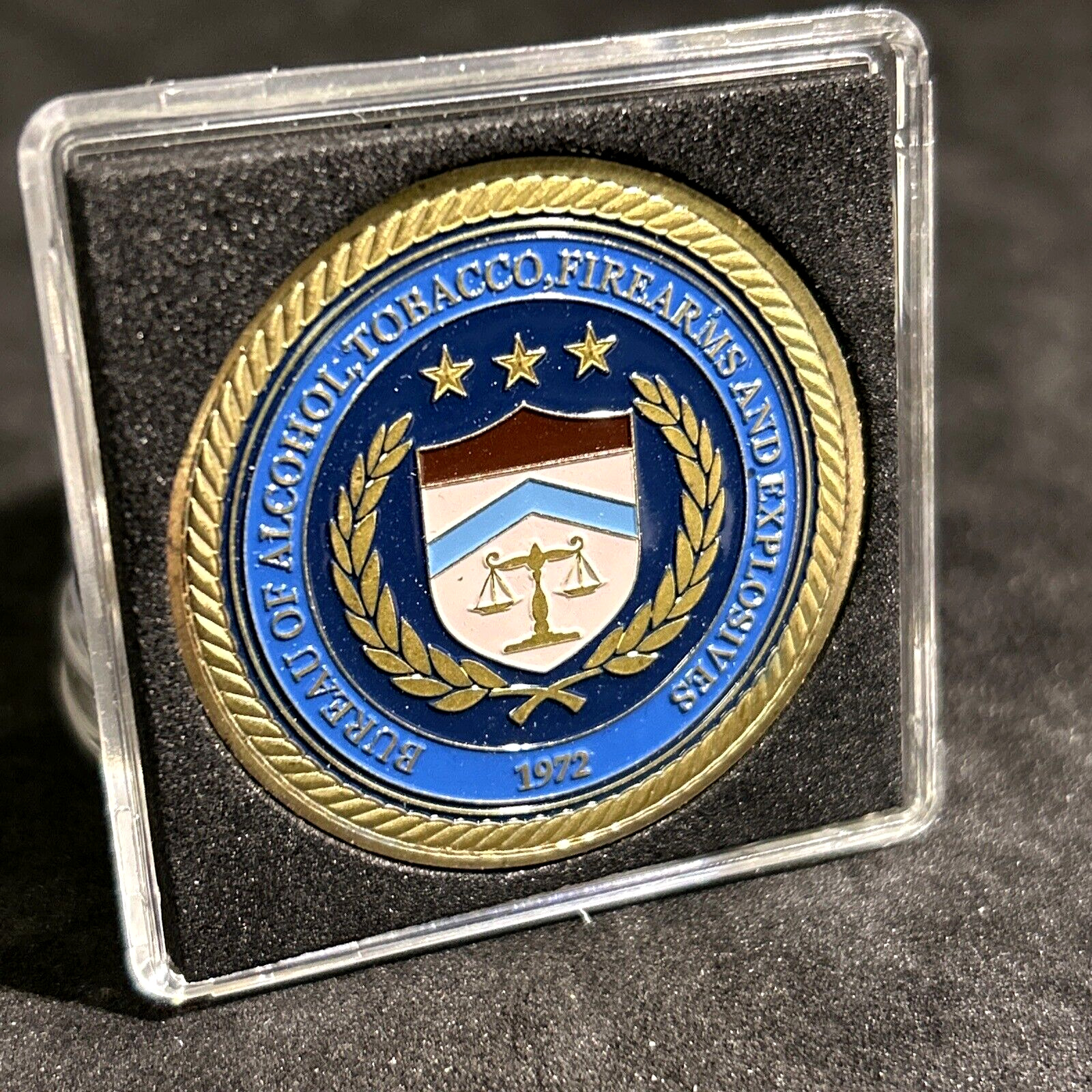 ATF Challenge Coin BUREAU OF ALCOHOL TOBACCO FIREARMS & EXPLOSIVES w 2x2 Case