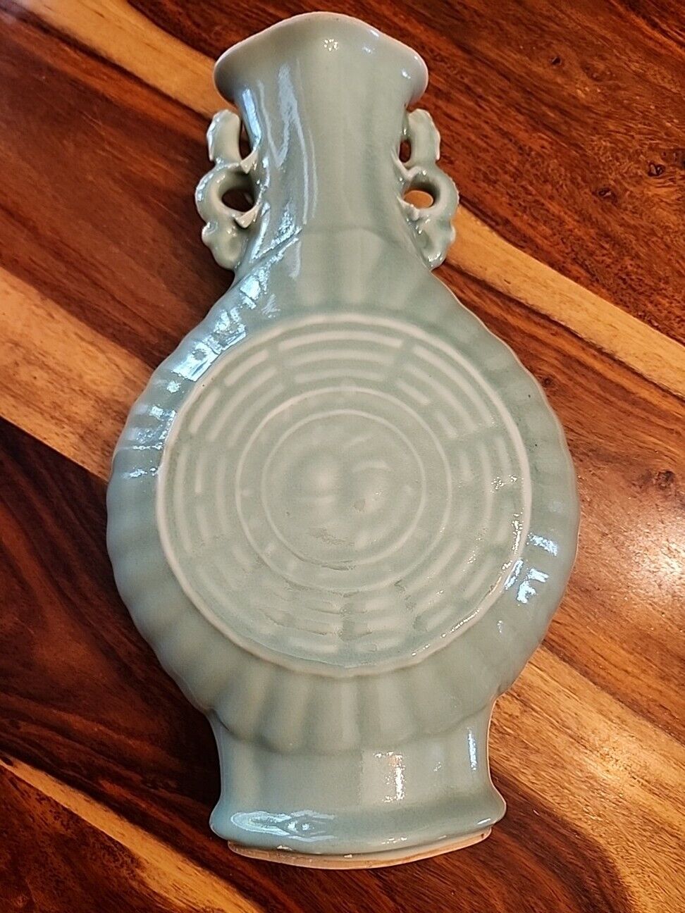 Ceramic Vase/Flask, Pale Green, Oriental Dragon Handles, Vintage, Unmarked