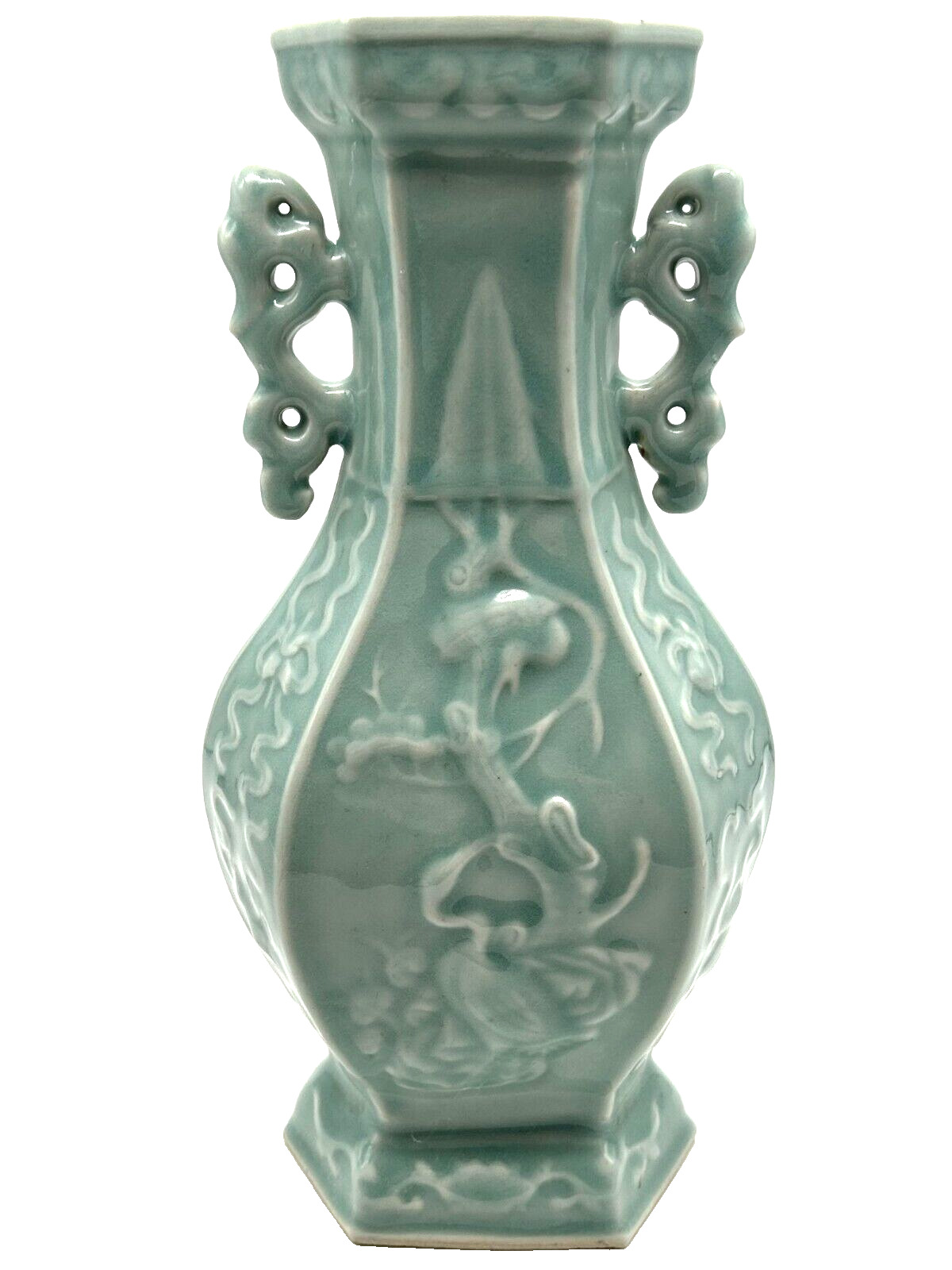 Vintage Chinese Celadon Glazed Porcelain Vase Double Handles