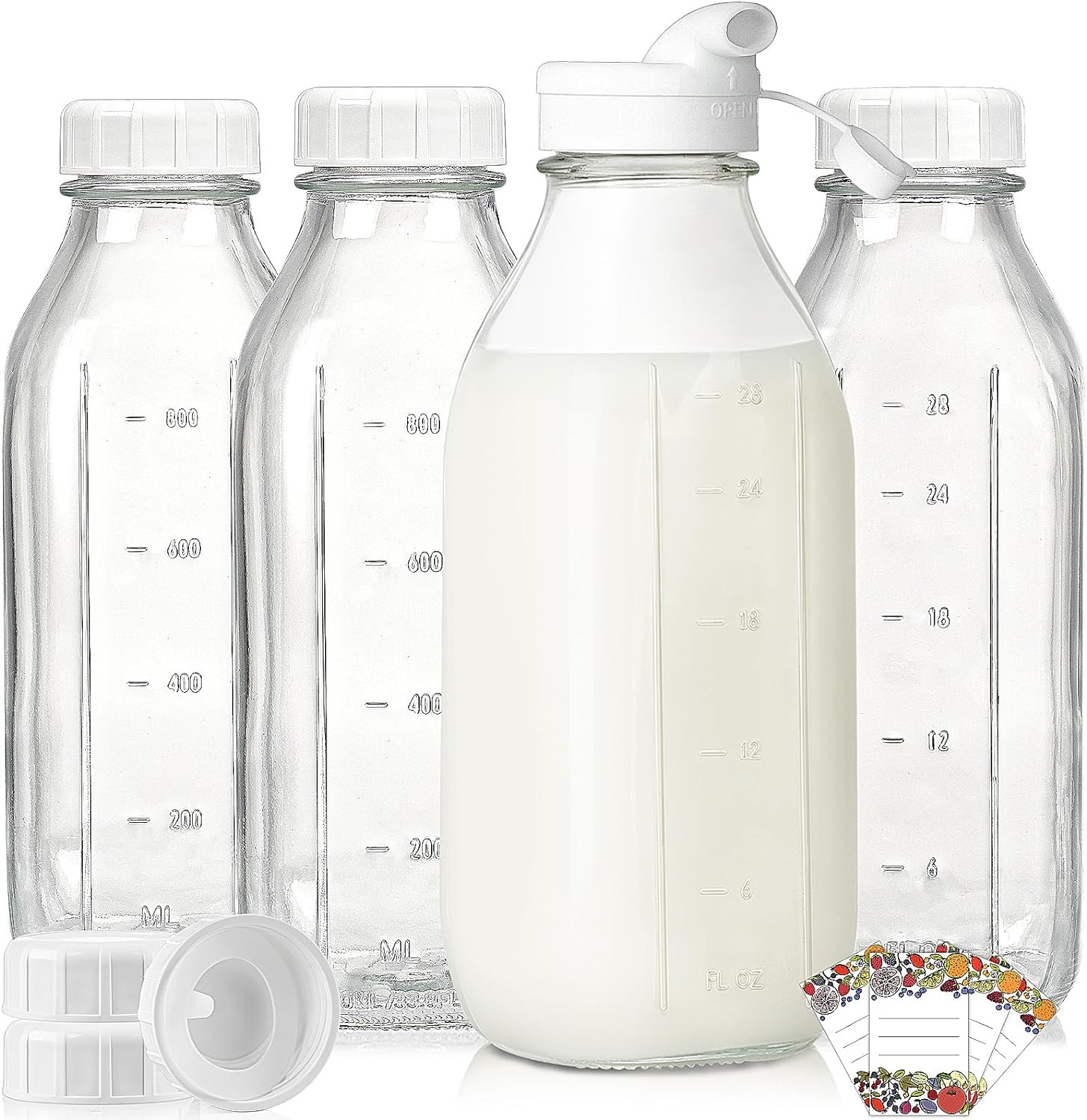 Liter Glass Milk Bottles W Pour Spout, 100% Airtight Heavy Duty Screw Lid - 4 Pa