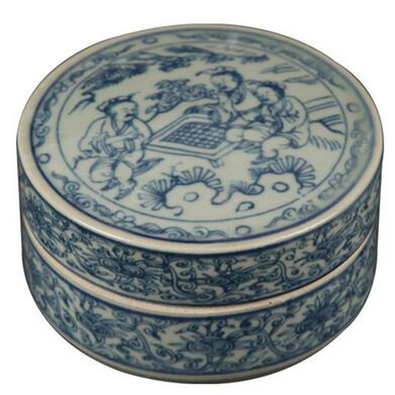 10cm Chinese Old Porcelain Rouge Powder Box Ancient Man Play Chess Ink Box Craft