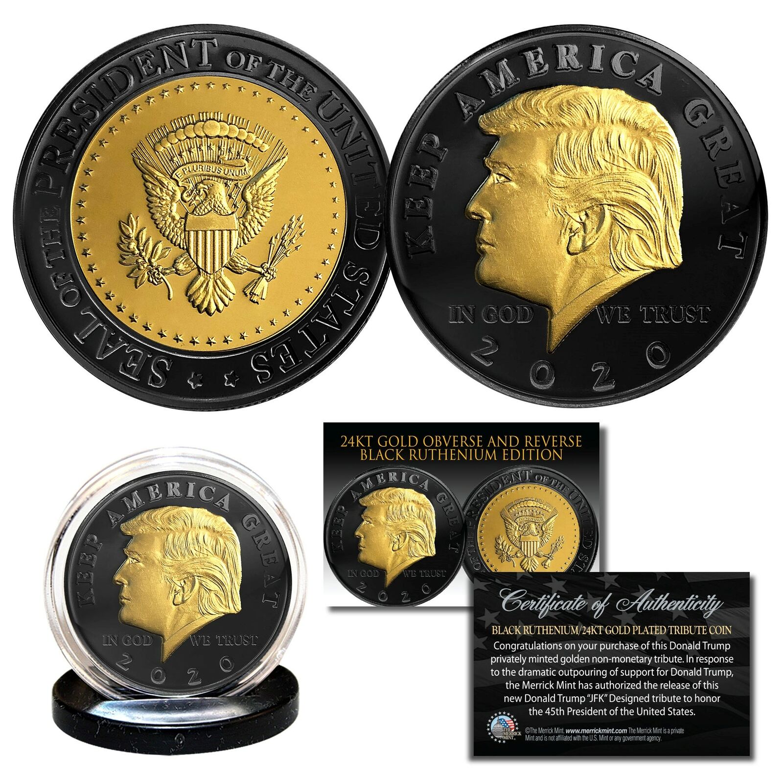 Donald Trump '20 Keep America Great BLACK RUTHENIUM & 24K GOLD Tribute Coin wCOA