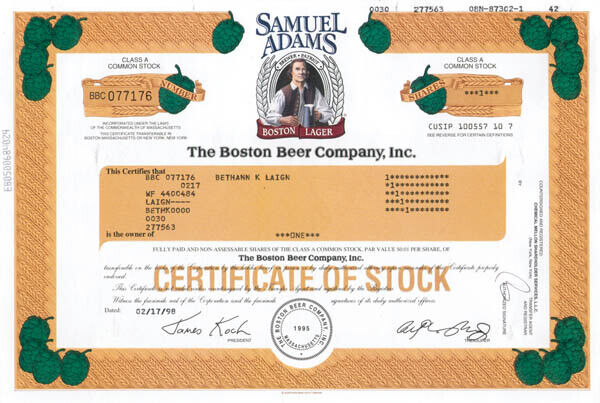 Samuel Adams Brewing - Stock Certificate - Breweries & Distilleries