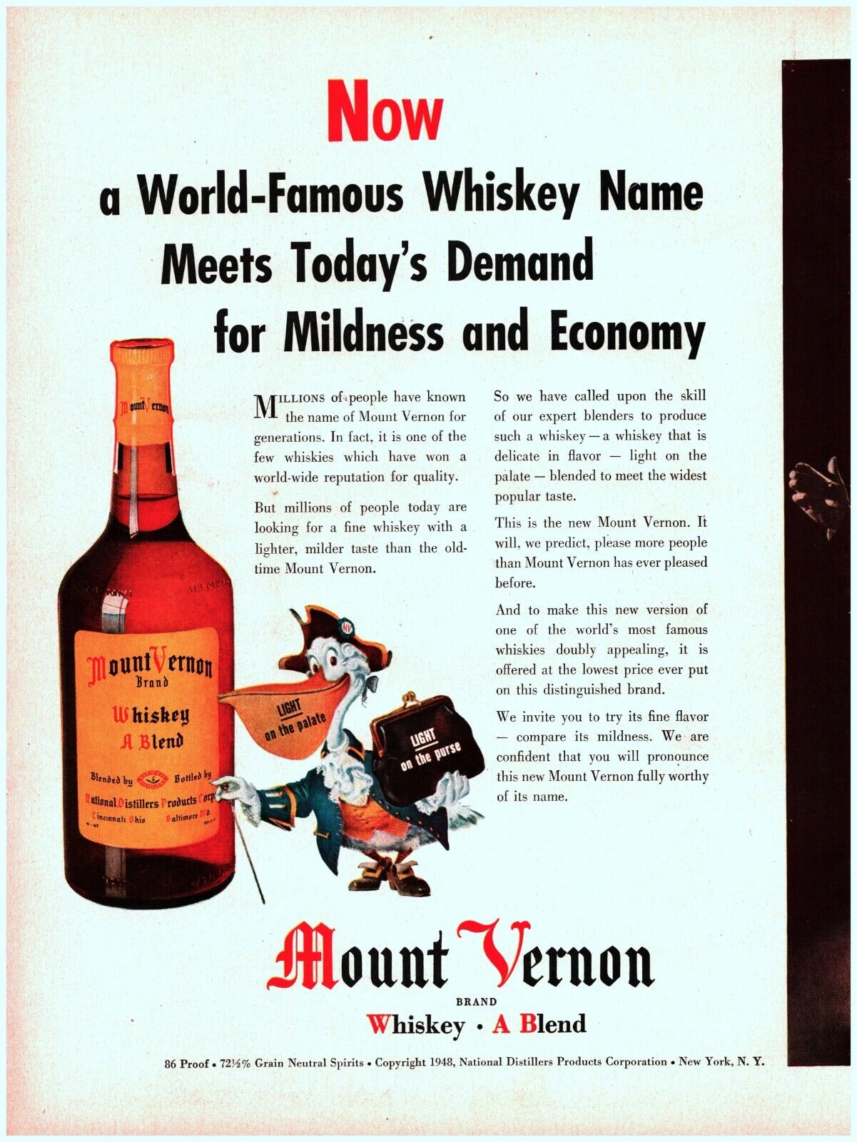 1948 Mount Vernon Whiskey  Vintage Print Ad Light On The Purse Colonial 