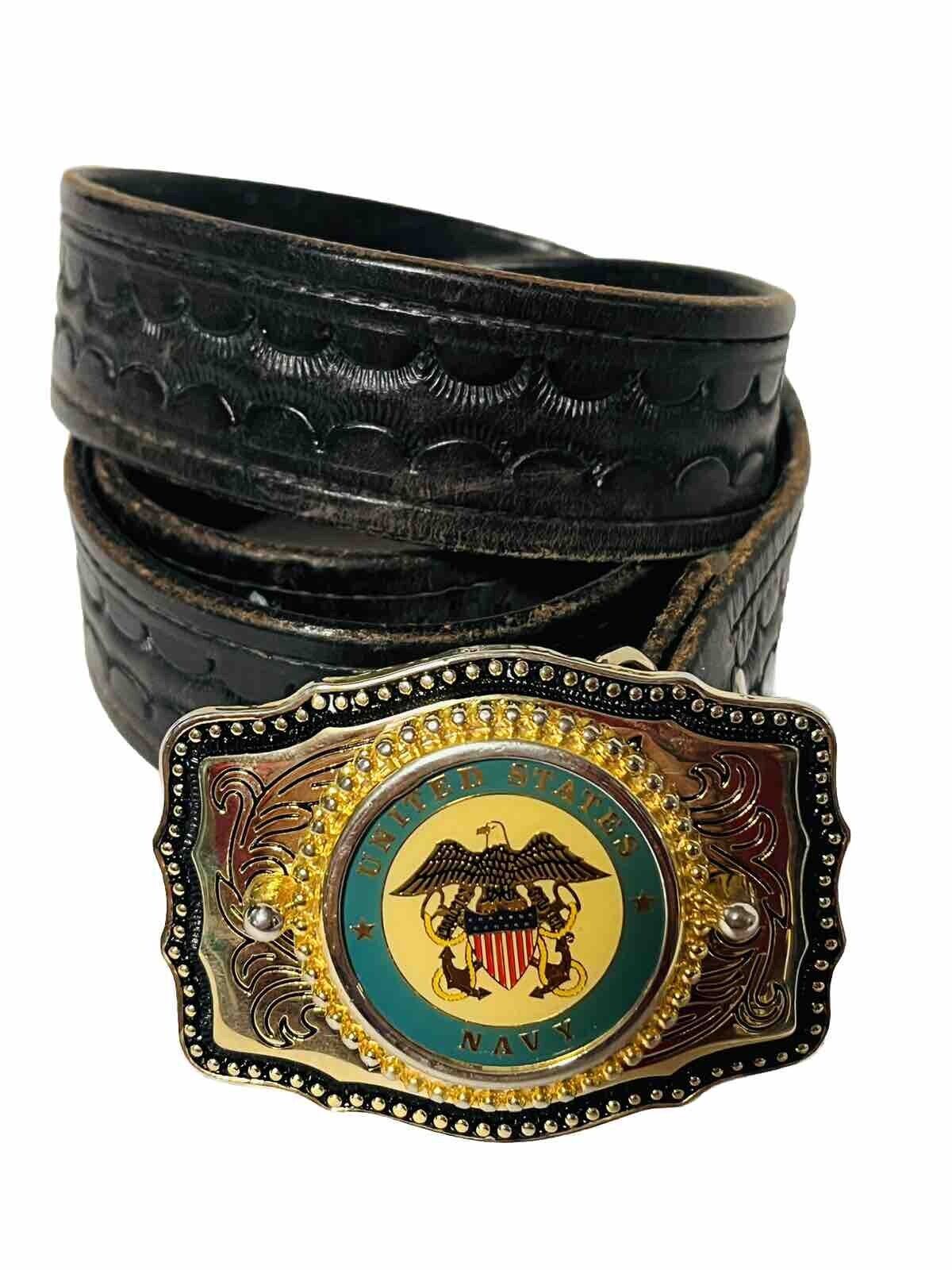 Vintage United States Navy Belt Buckle Black Leather Belt Mens 38 Made In USA
