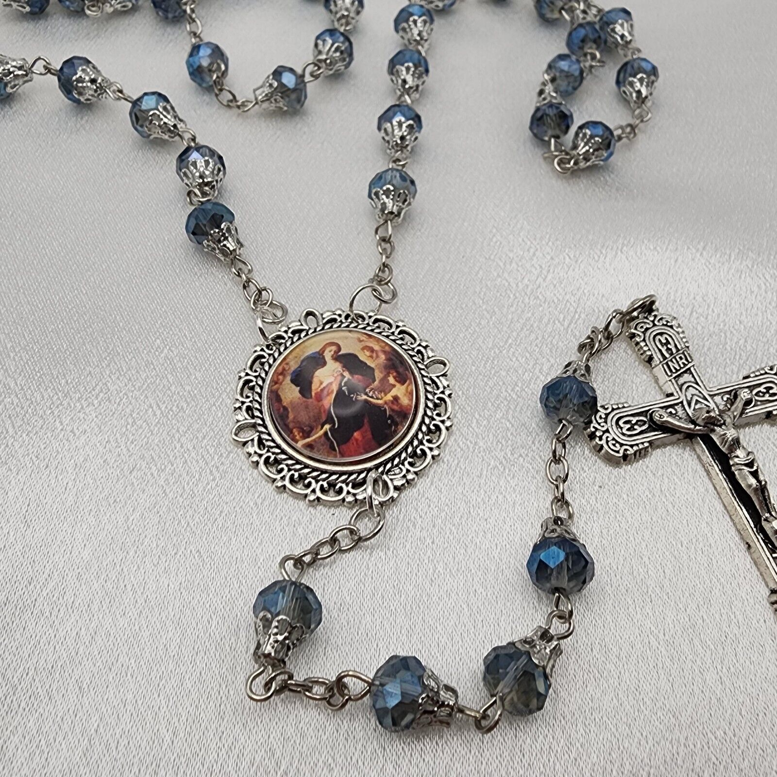 Our Lady Mary Untier/Undoer of Knots Blue Crystal Rosary Handmade Catholic Gift