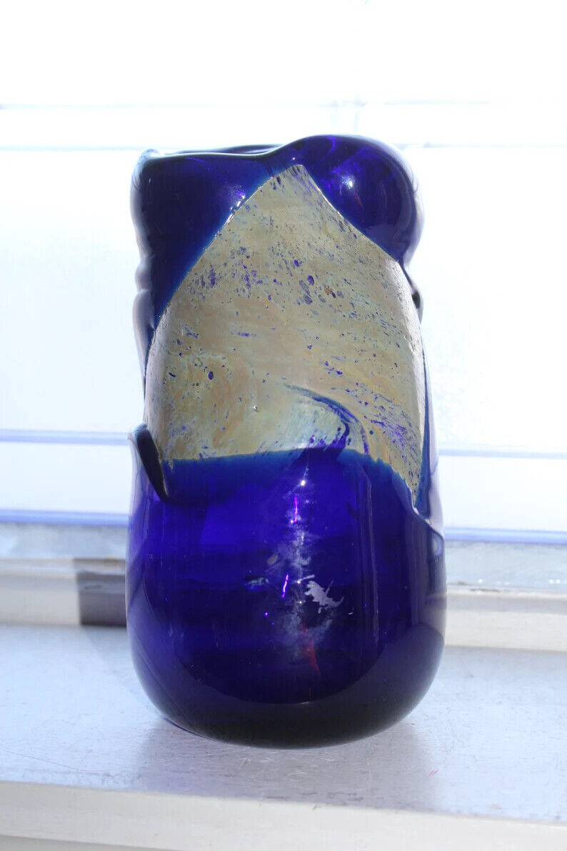 Gary Loch 1980s Studio Art Glass Vase Blue Biomorphic Shape Abstract