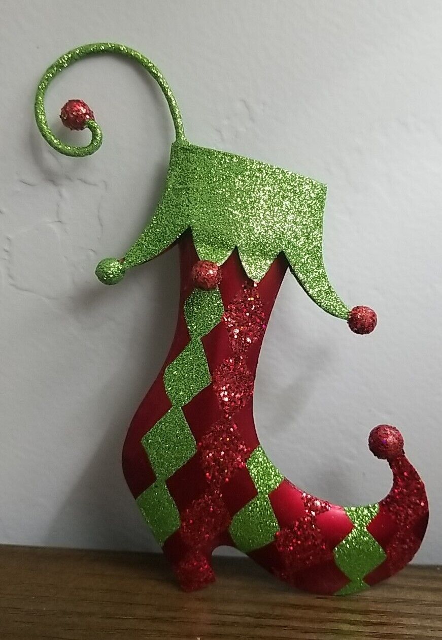 Vtg Pier 1 Elf Jester Christmas Stocking Ornament 6 in Metal Tin Glitter Sparkle