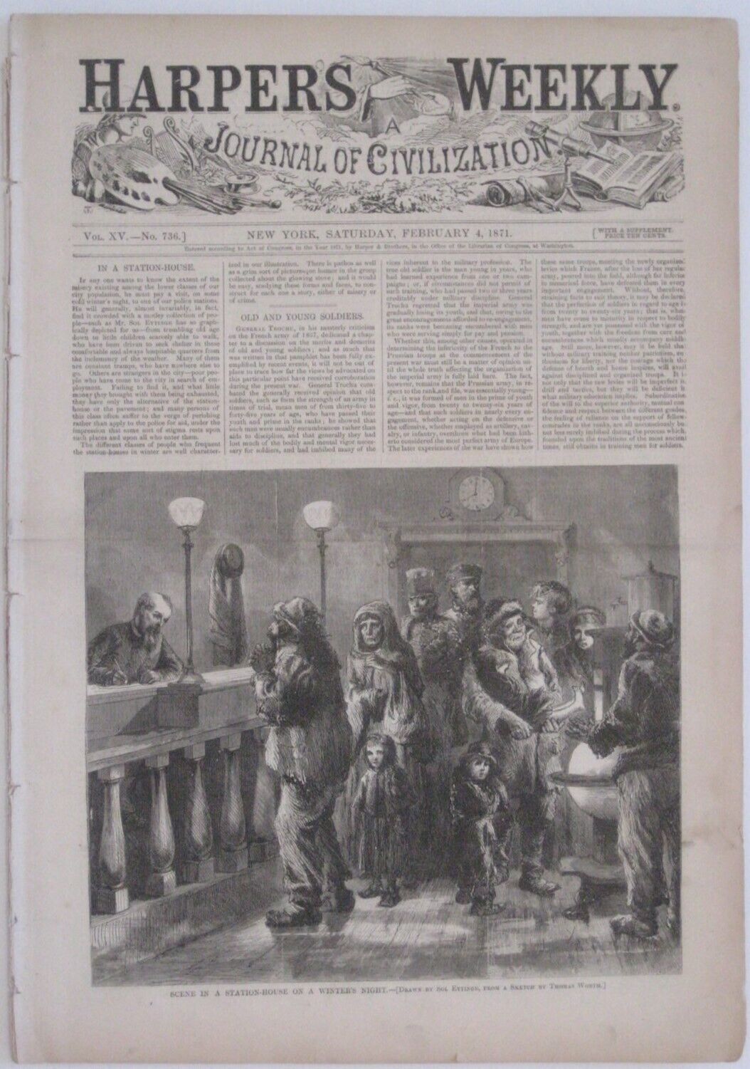 Feb 4 1871 Harper's Weekly with THE LAST BIVOUAC Franco-Prussian War Engraving