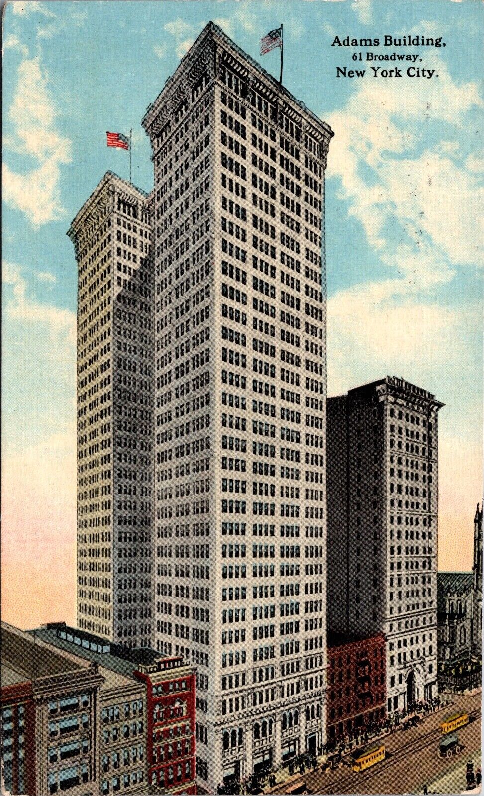 N. Y. City Adams Building Skyscraper Posted 1914 VTG Divided Back Postcard 10H
