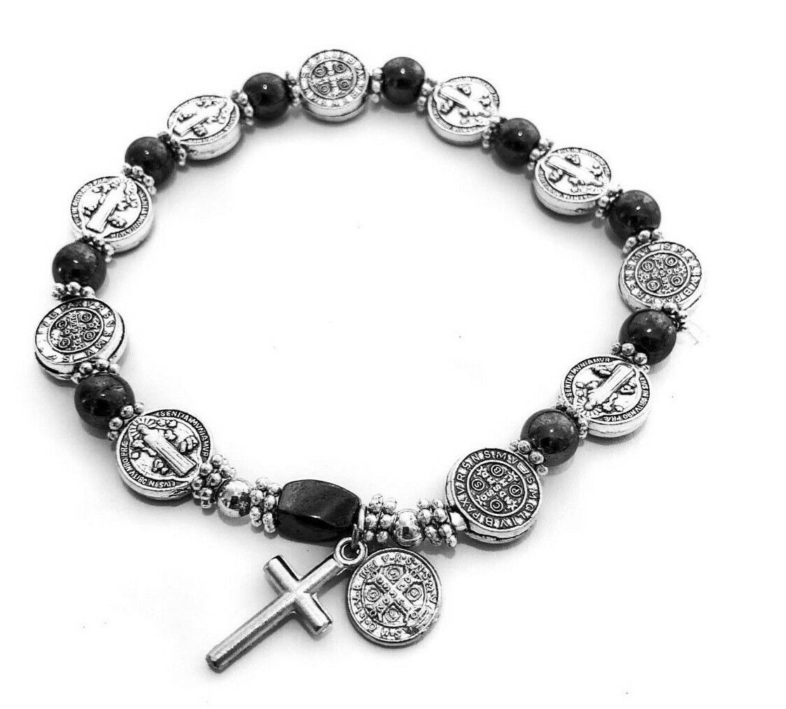 Saint Benedict Silver Tone Medal Hematite Bead Rosary Bracelet - 7 1/2 Inch