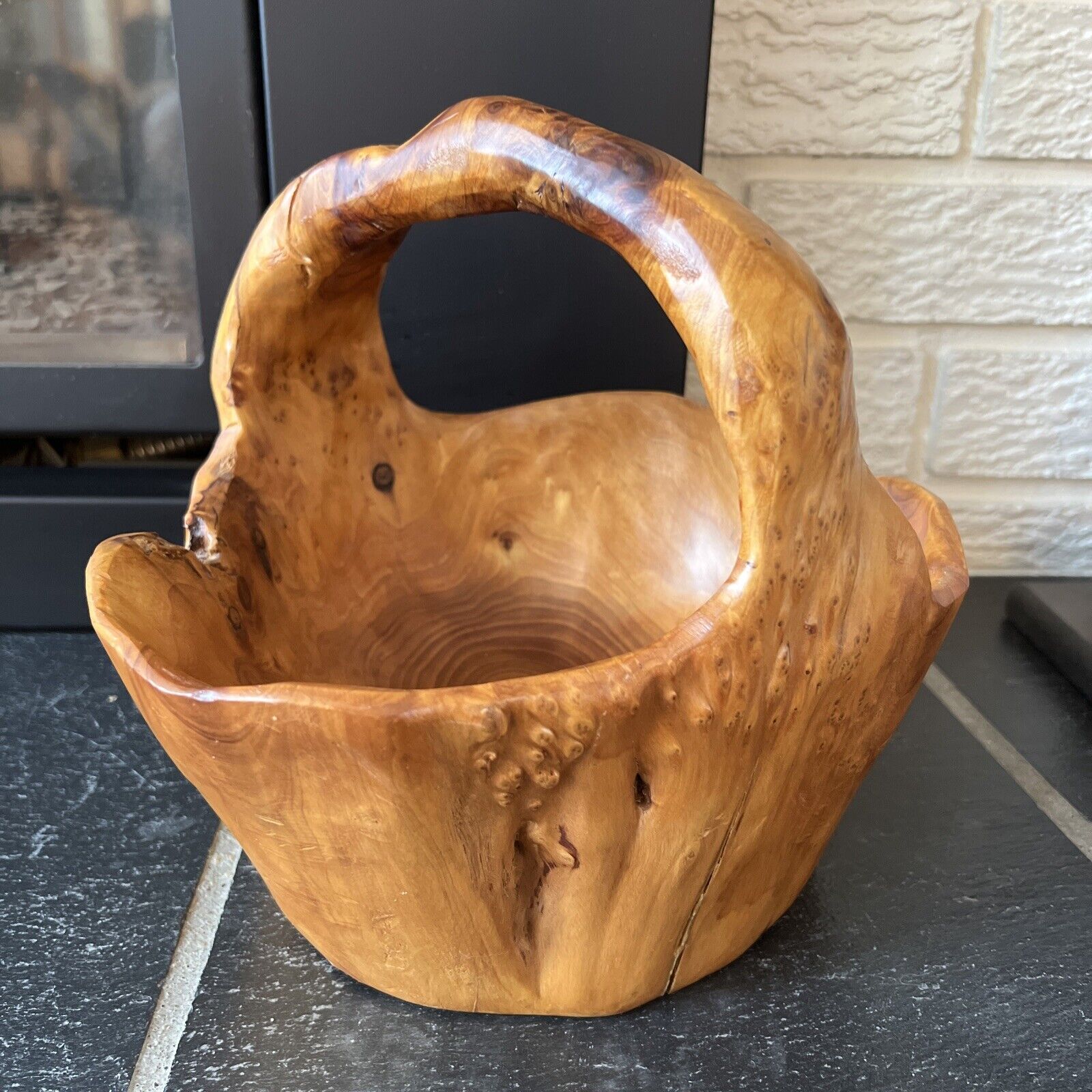 Vintage D’ecco Carved Natural Burled Wood Basket With Handle Marked Large